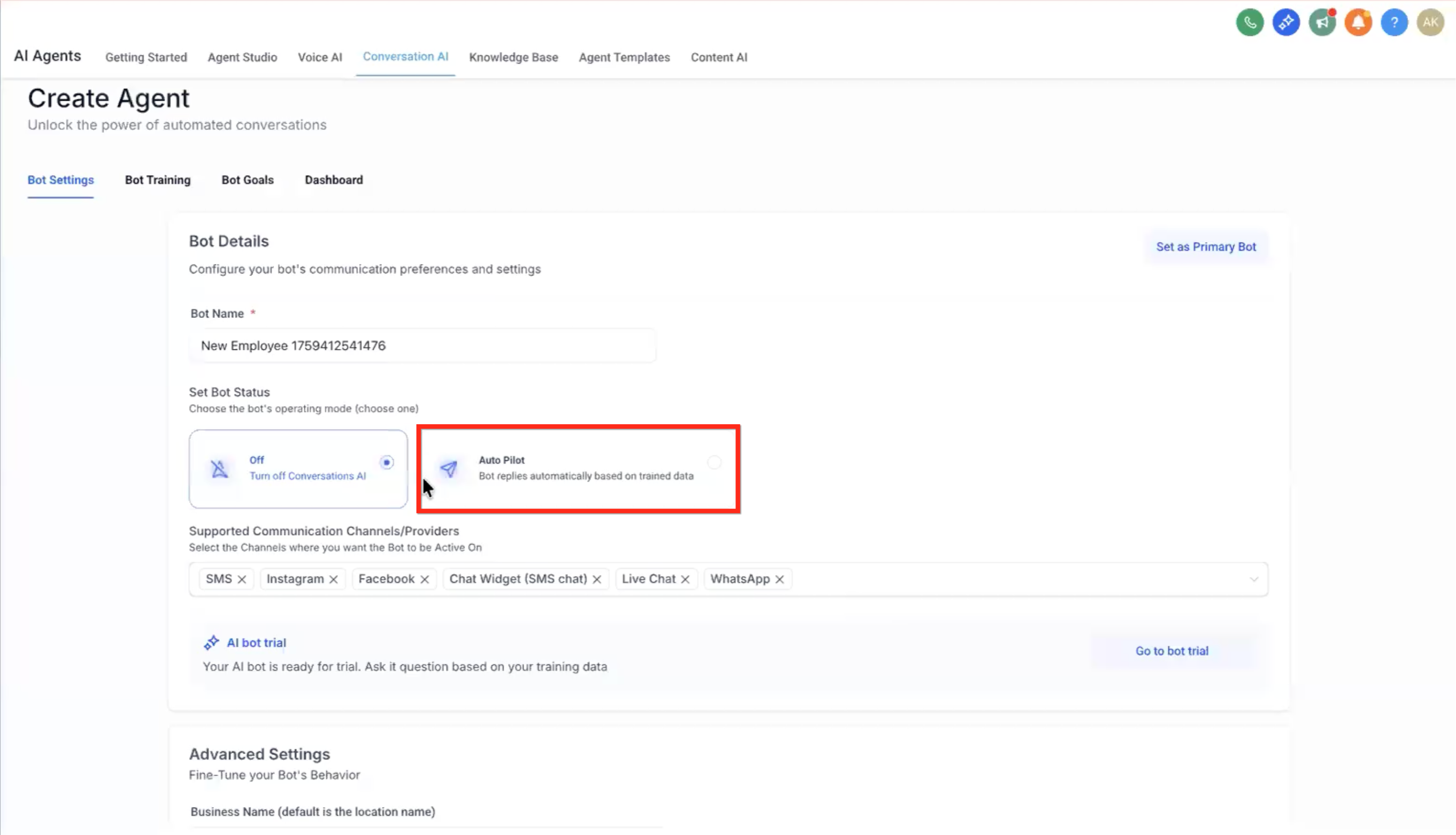 Editing Bot Settings inside the Captivation Hub Conversation AI Flow Builder