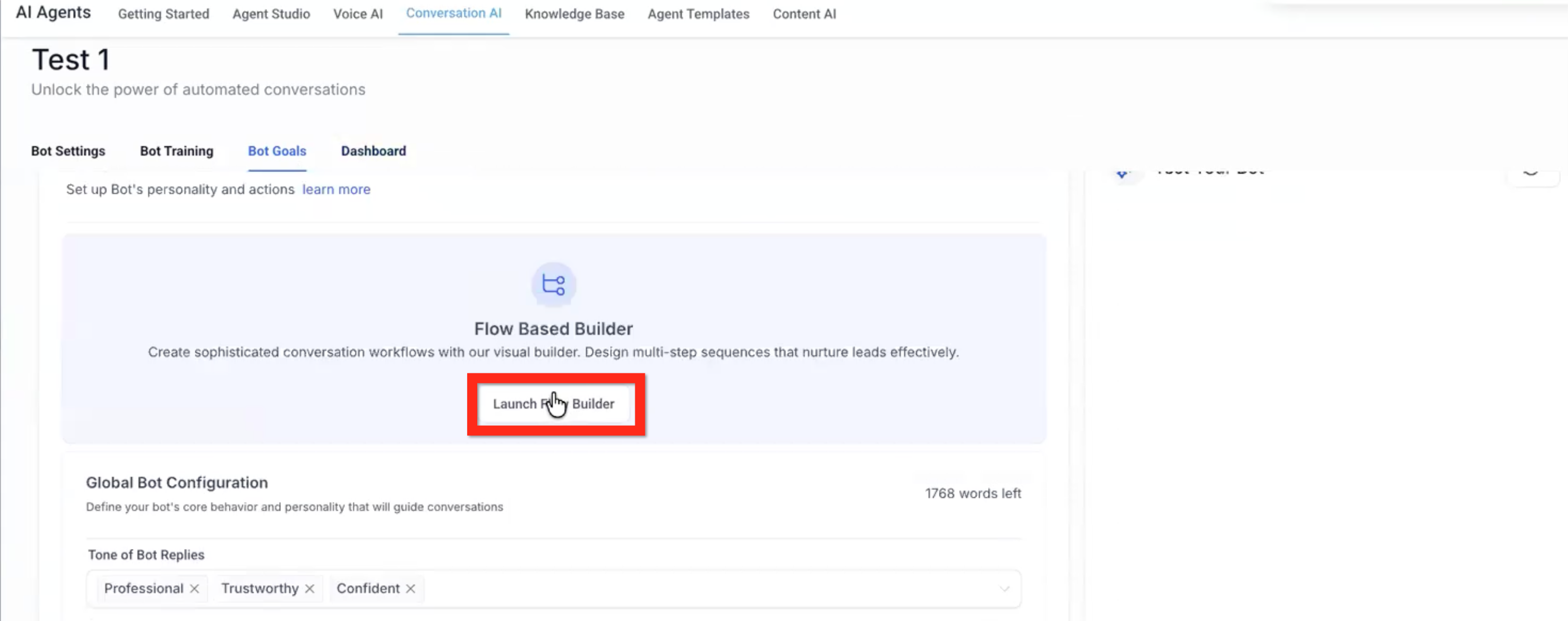 Adding actions on the Conversation AI Flow Builder canvas in Captivation Hub