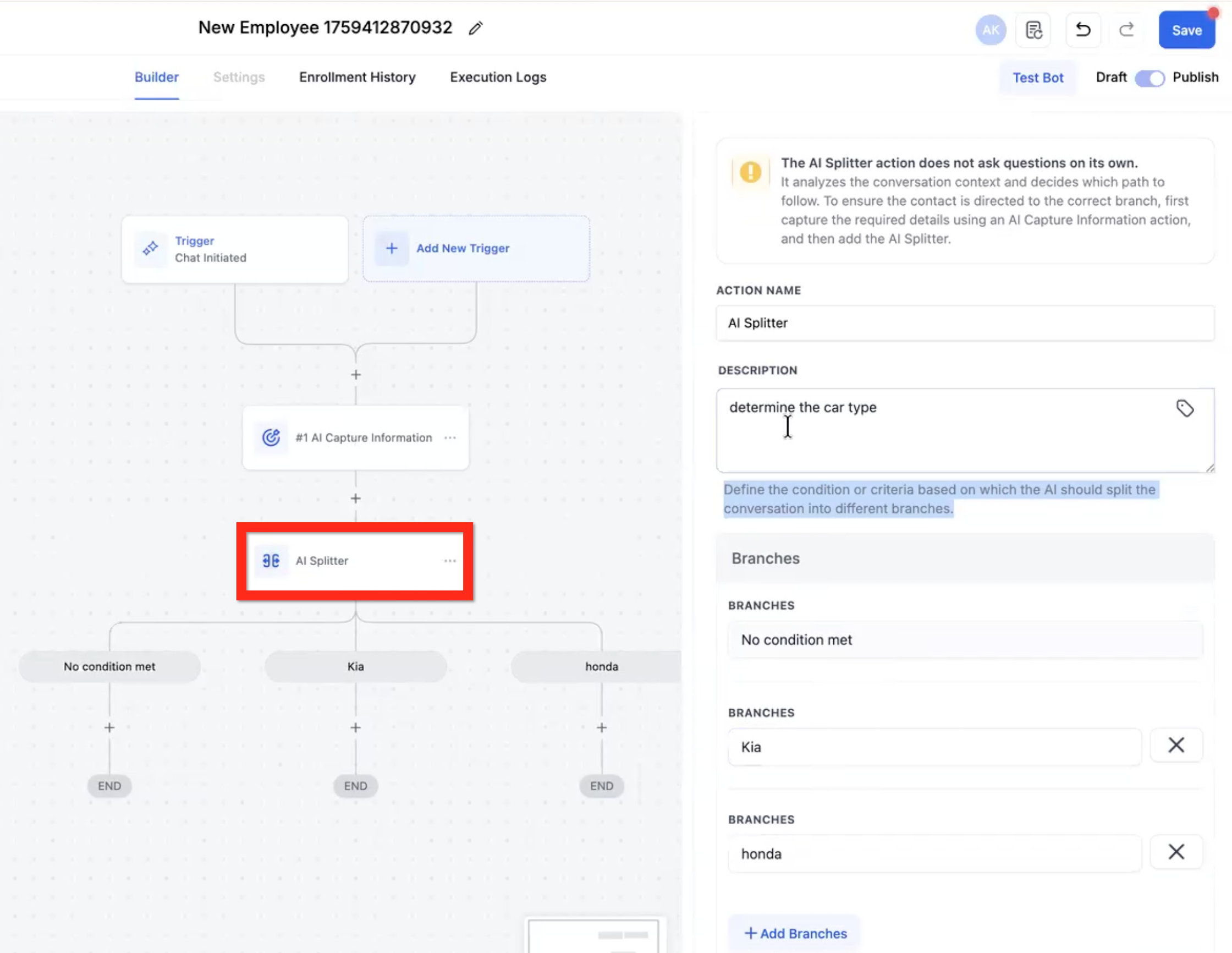 AI Splitter routing flow based on collected context in Captivation Hub