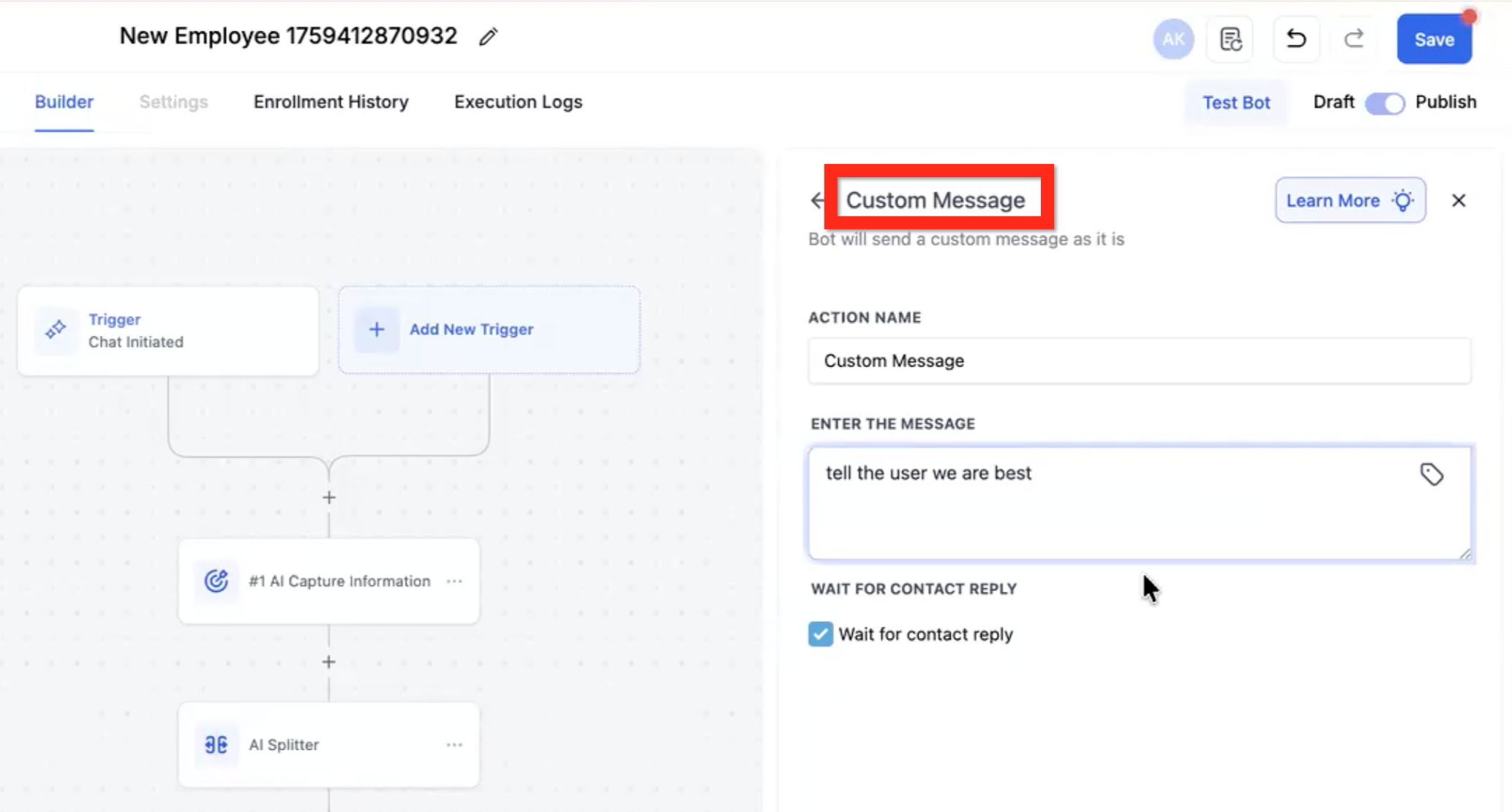 Custom Message action used to send a literal message to a contact