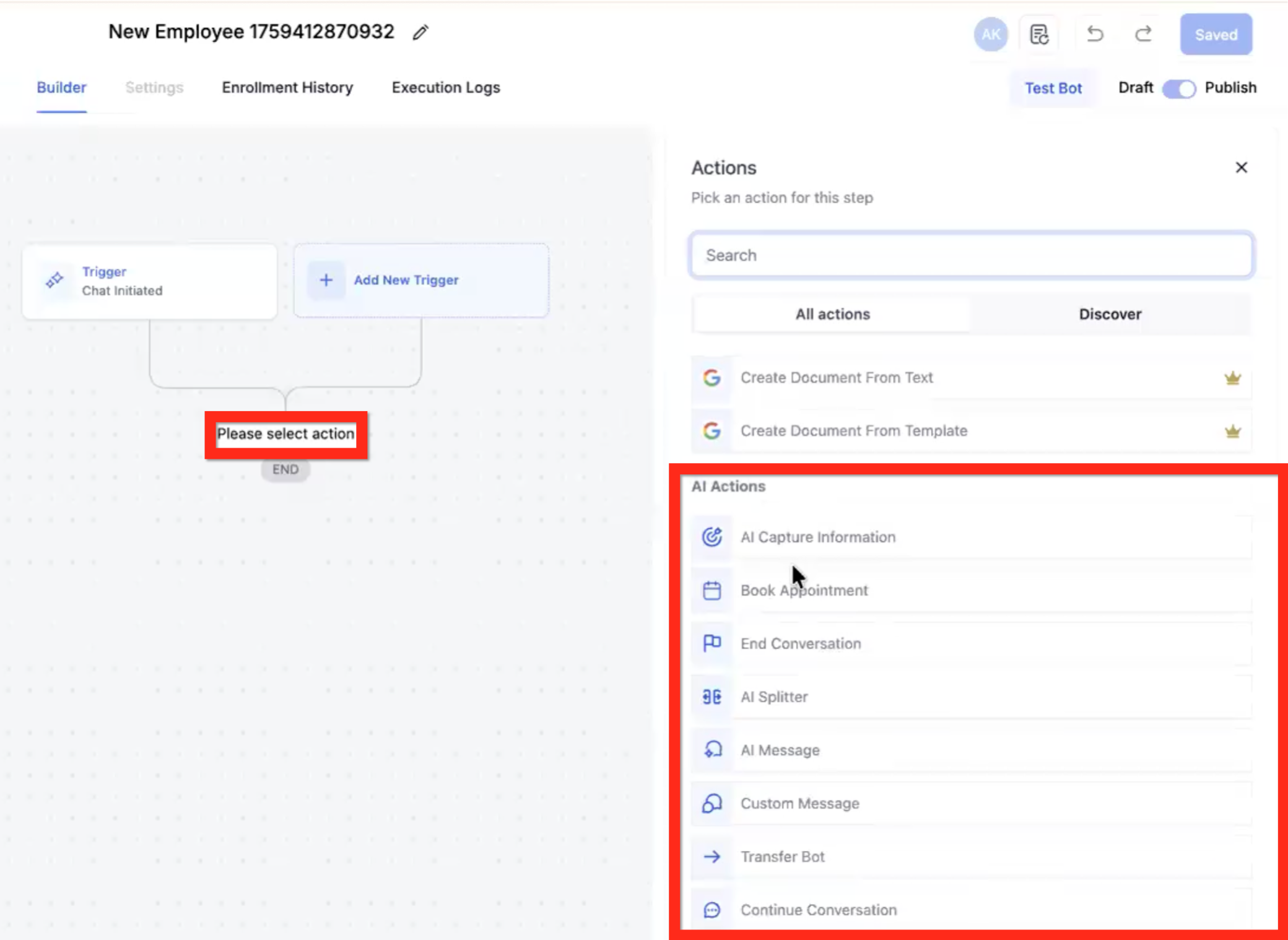 The AI Actions menu inside the Conversation AI Flow Builder