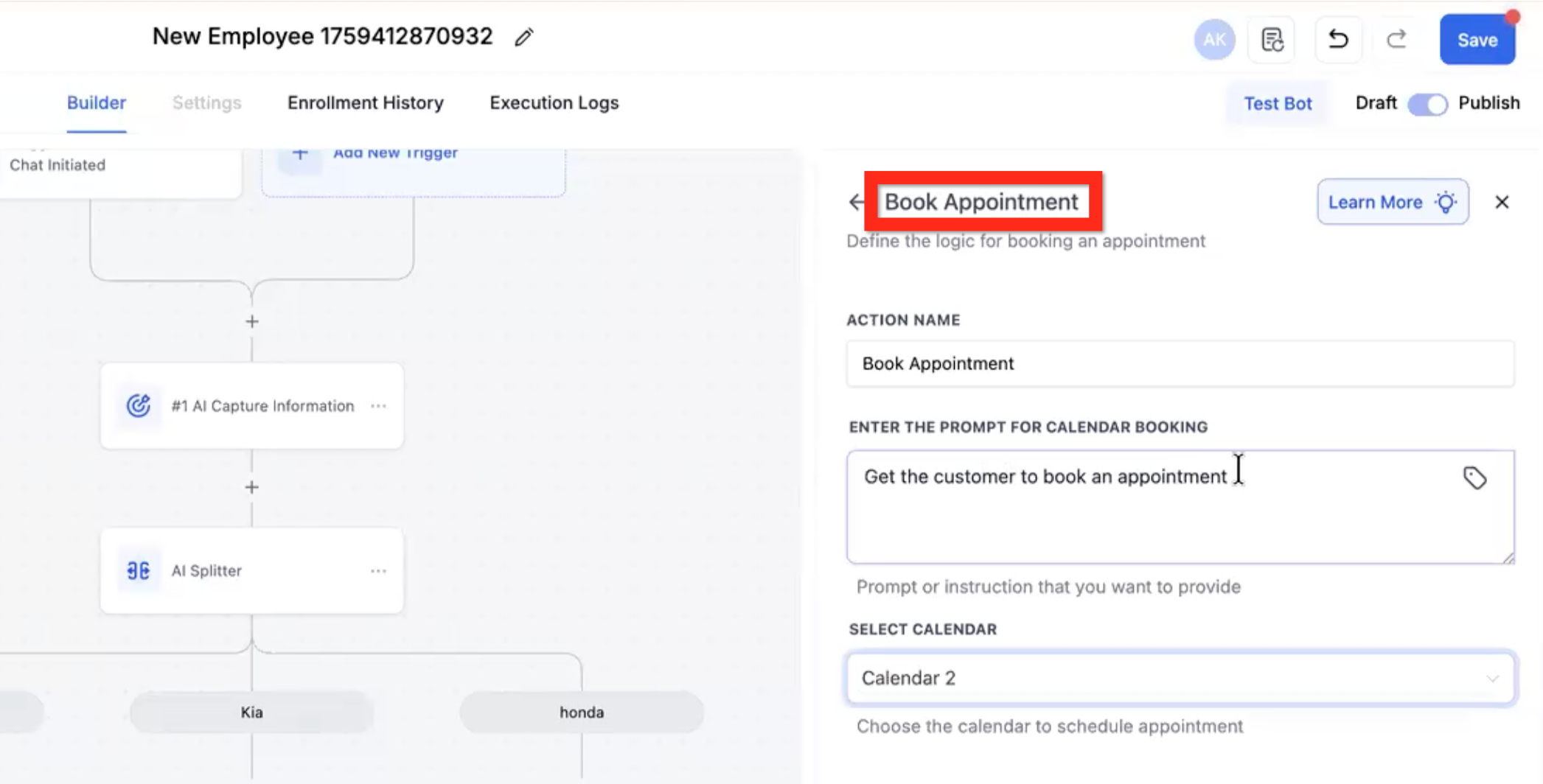 Book Appointment AI Action wired to a calendar in Captivation Hub