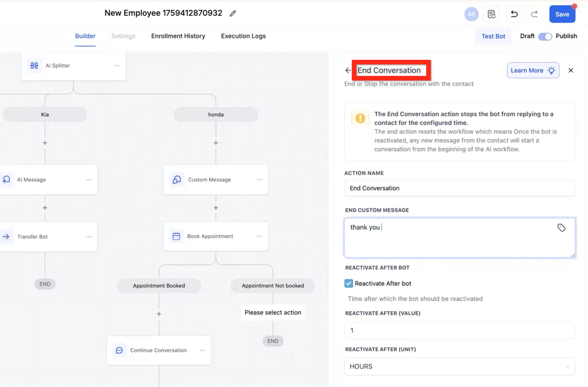 End Conversation action with reactivation settings