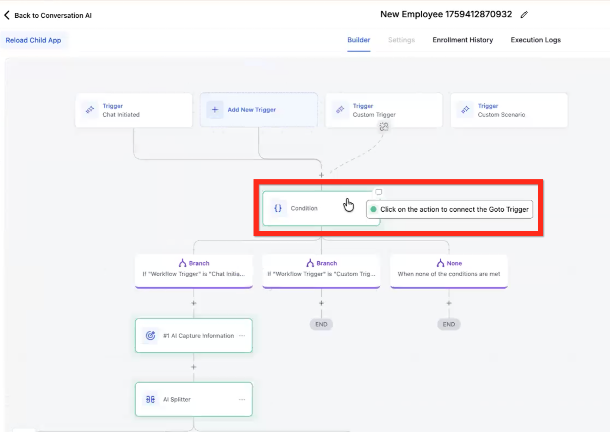 Selecting a new destination action highlighted in green