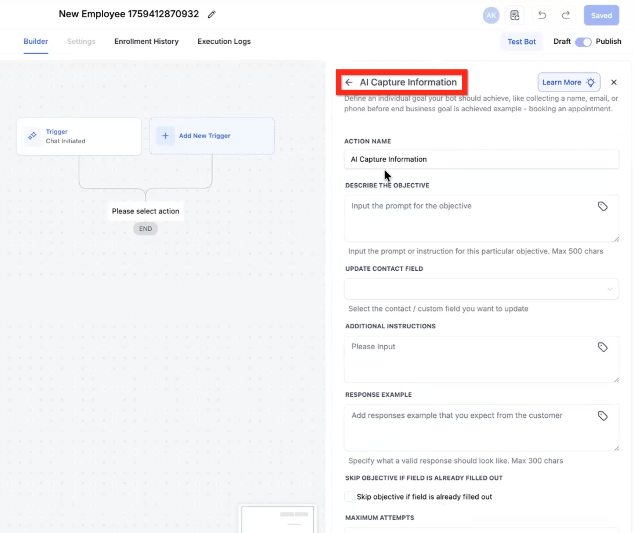 AI Capture Information action settings in Captivation Hub
