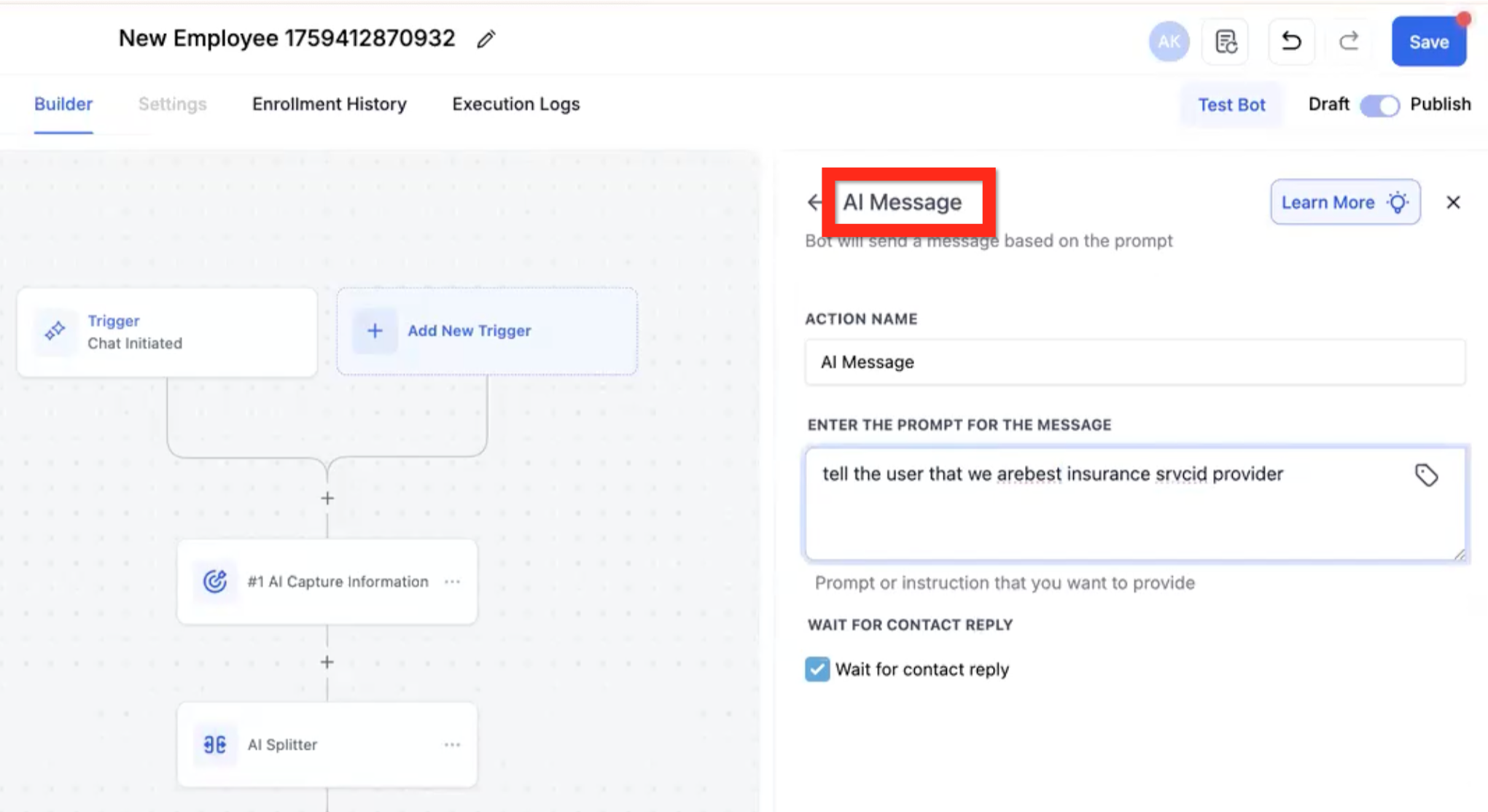 AI Message action with prompt and wait-for-reply toggle
