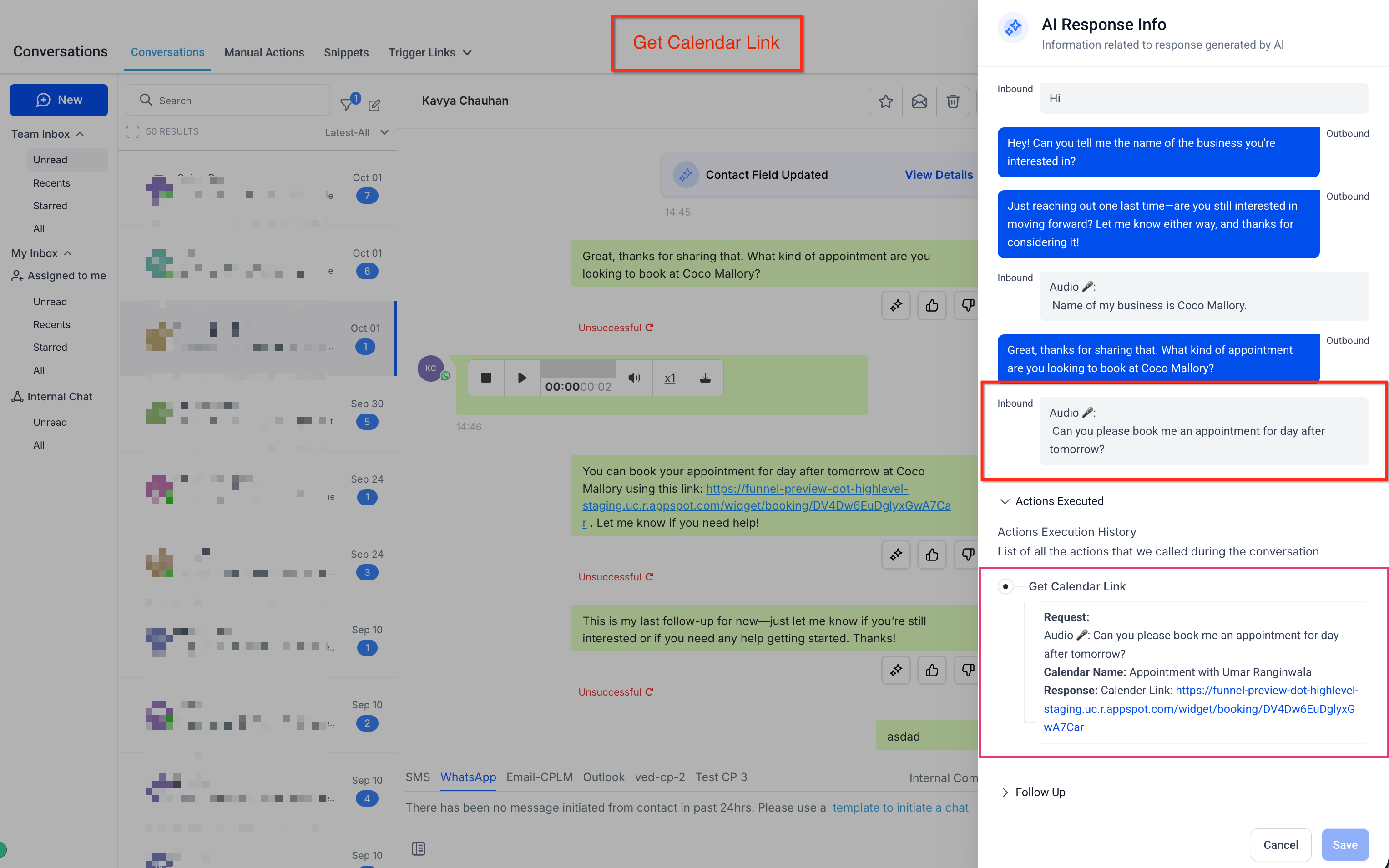Sending a test voice note to the Captivation Hub bot from a connected channel