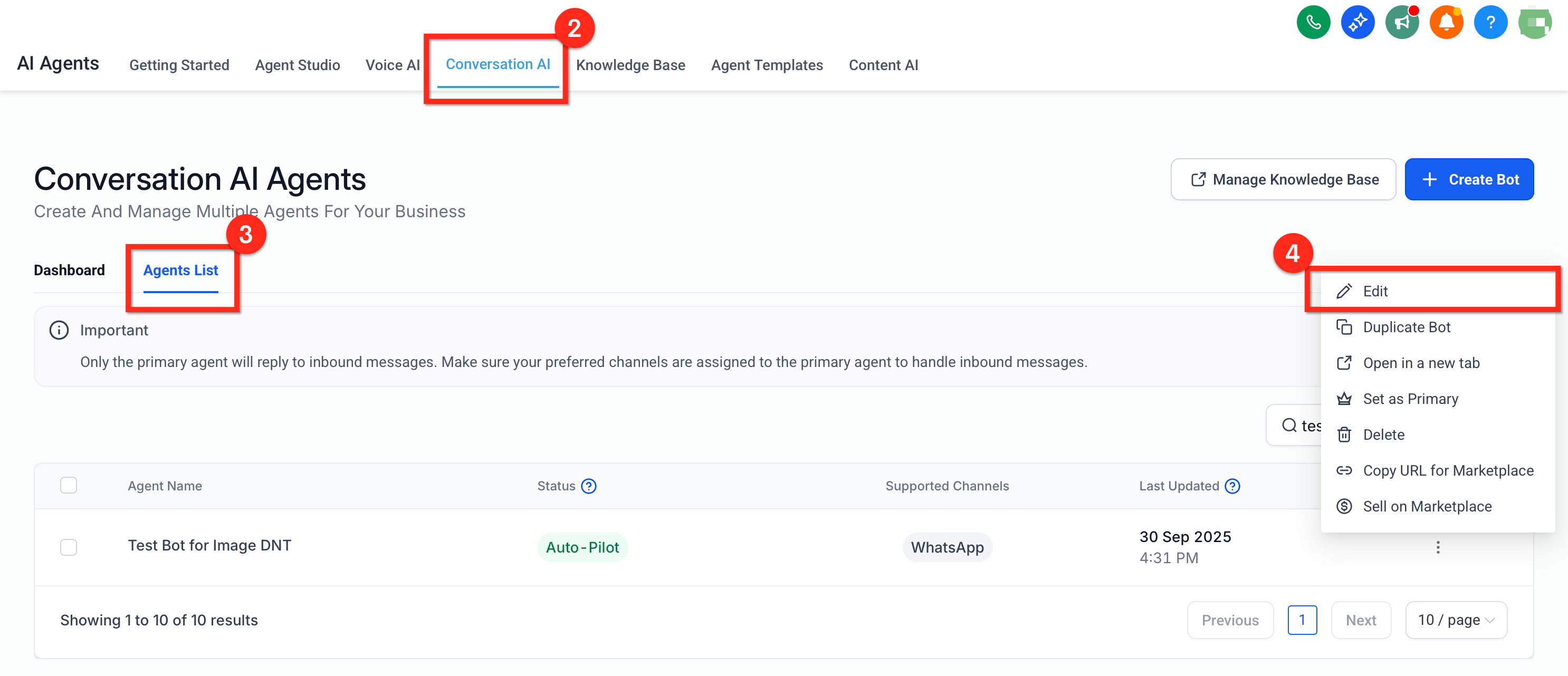 Opening a Captivation Hub Conversation AI bot from the Agent List