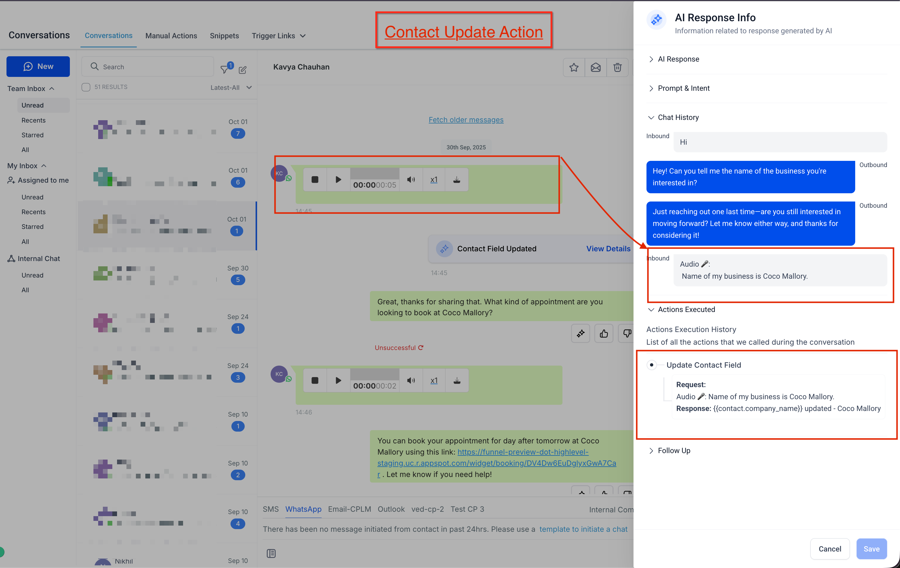 Captivation Hub bot replying to a transcribed voice note