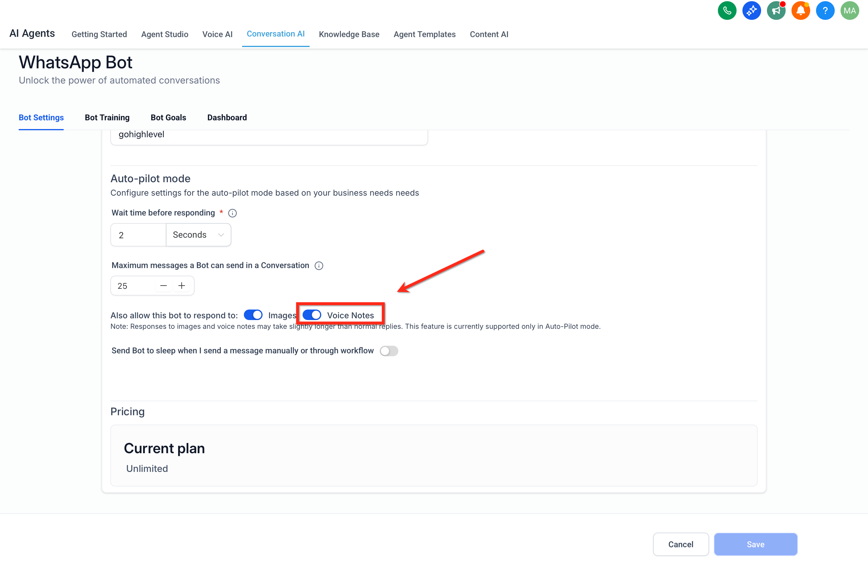 Toggling on Voice Notes in Captivation Hub bot settings
