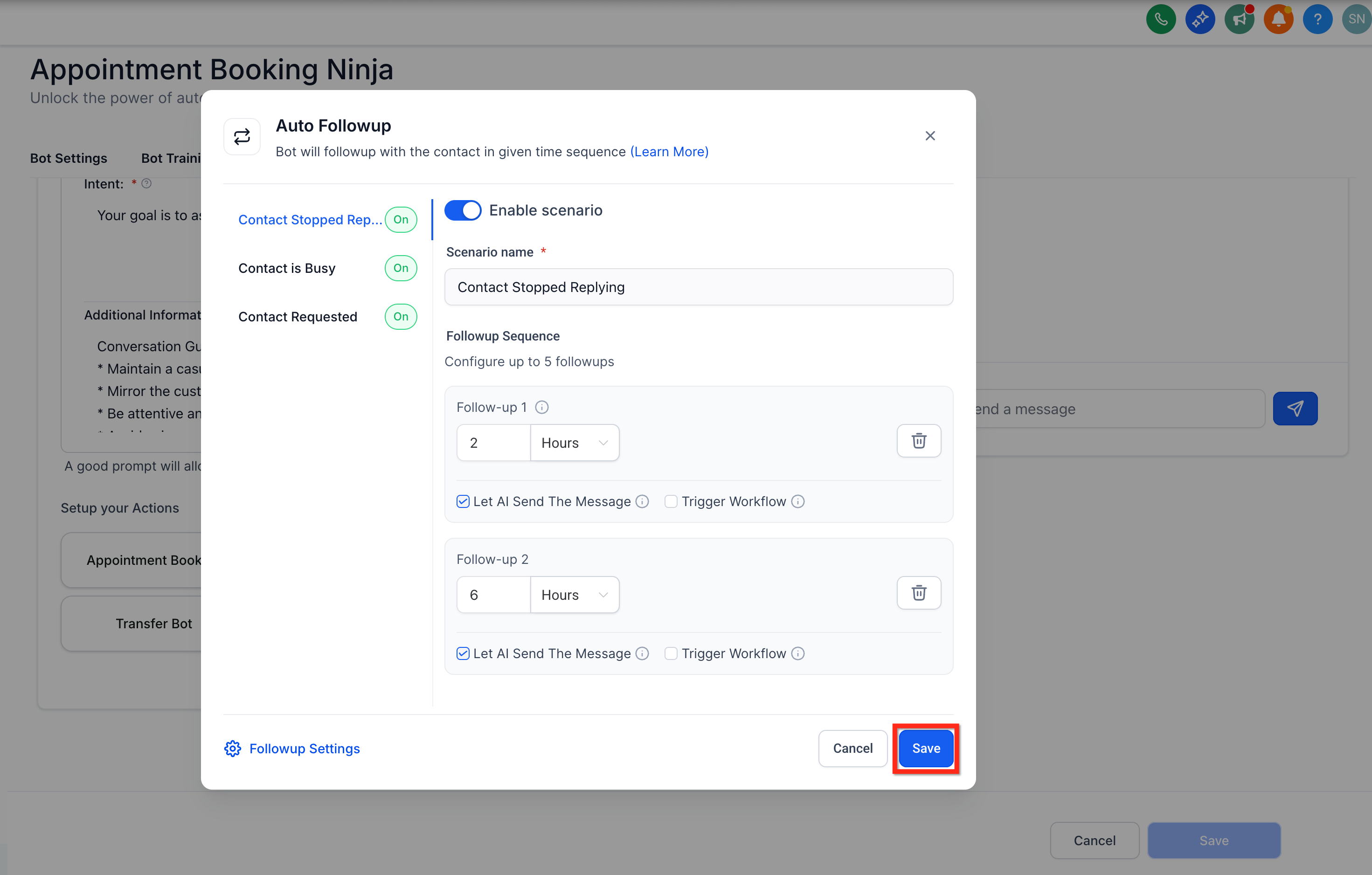 Saving the Auto Follow-Up configuration on the bot