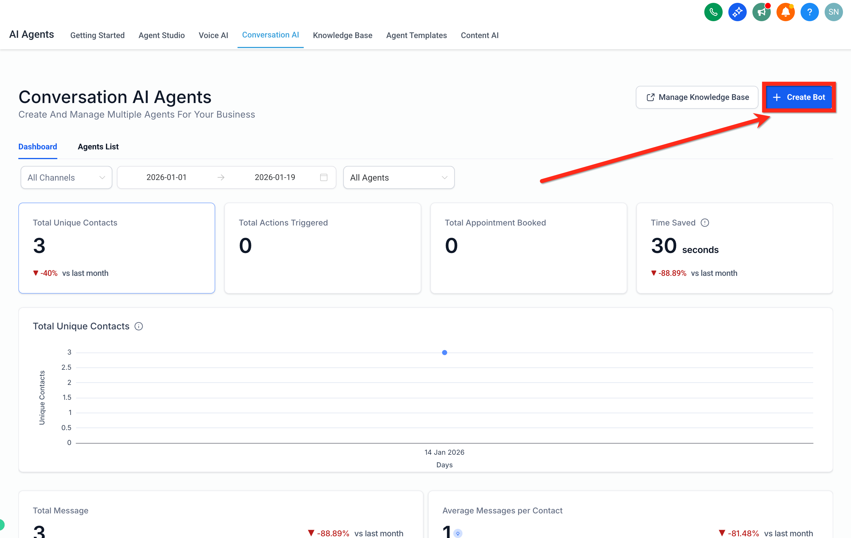 Editing an existing Conversation AI bot from the Agent List