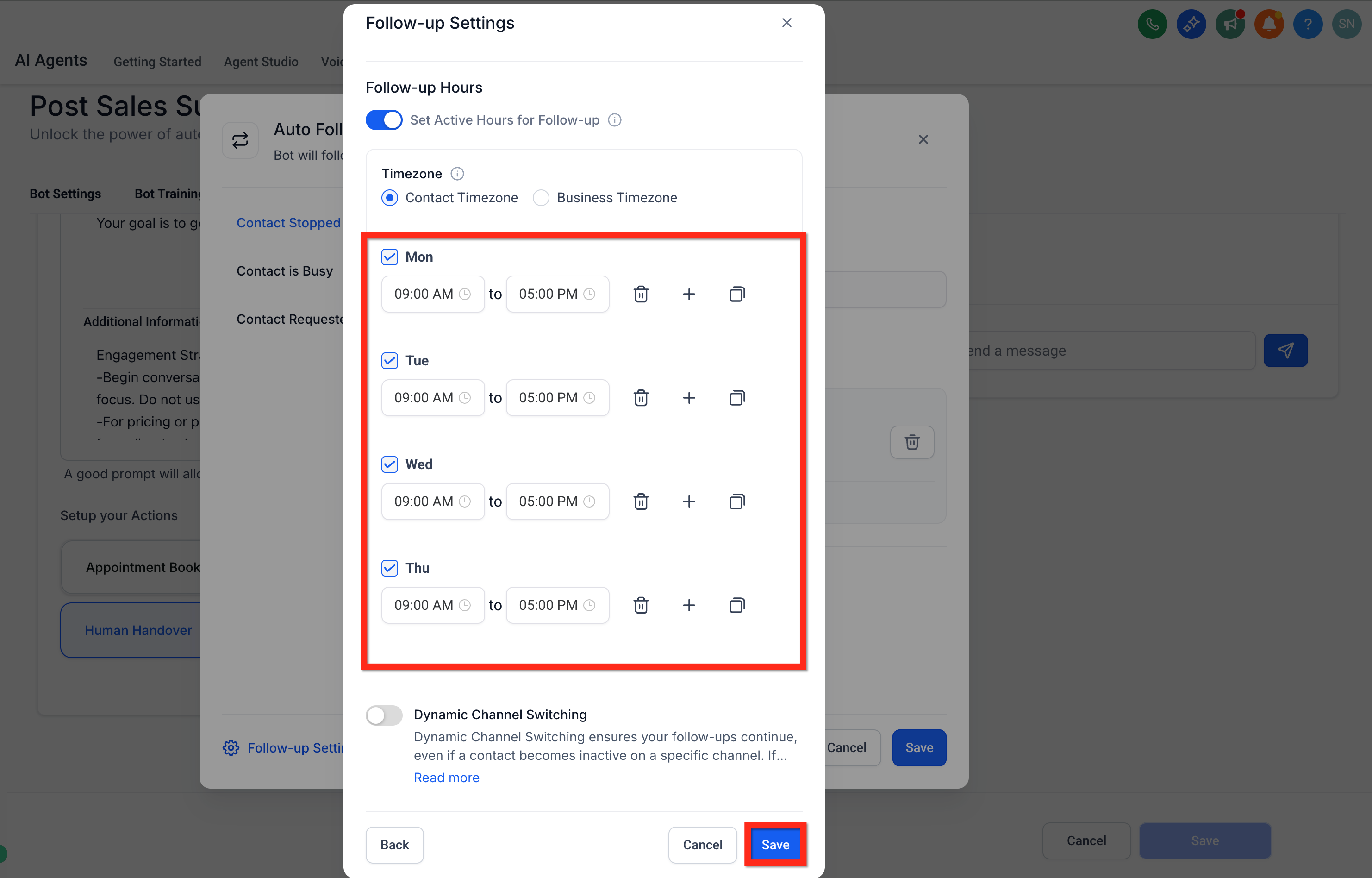 Active hours window for outbound follow-up messages