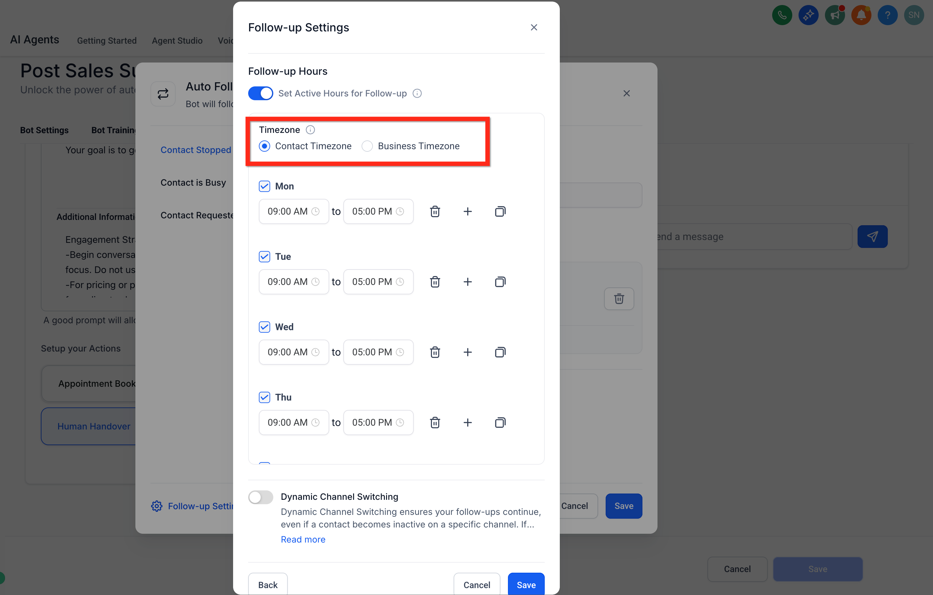 Choosing the contact or business timezone for follow-ups