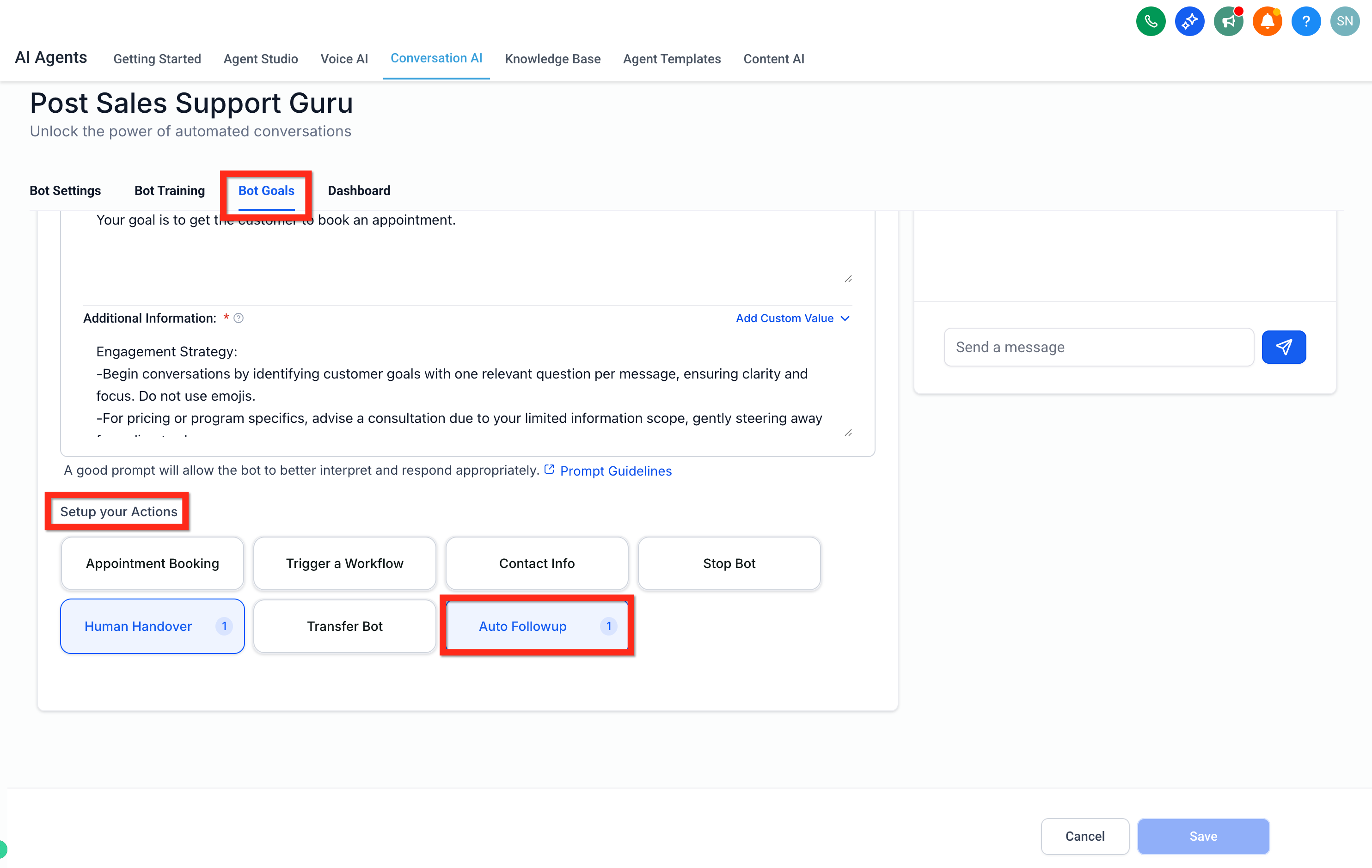 Auto Followup option under Set Up Your Actions in Bot Goals