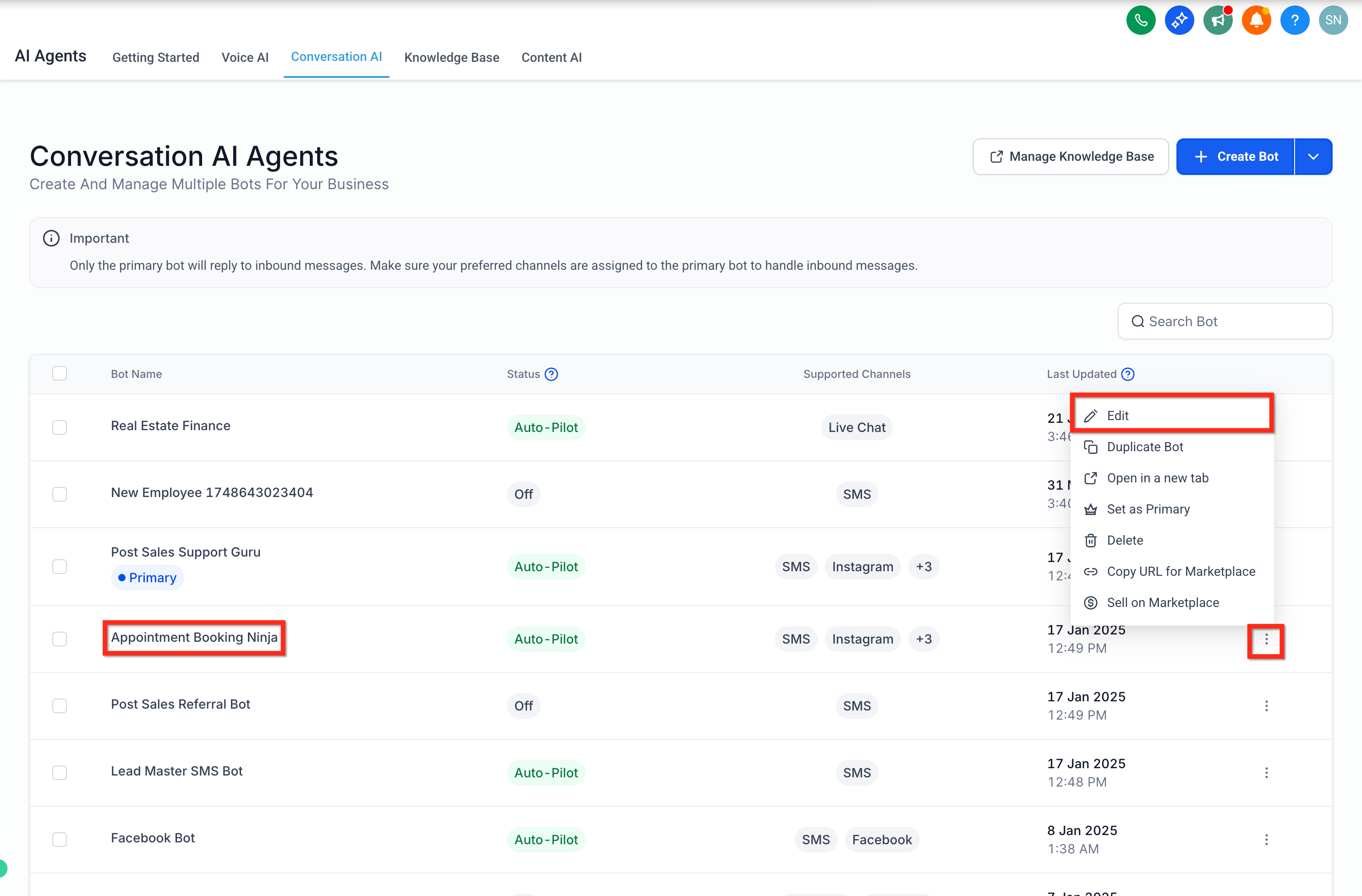 Editing a Captivation Hub Conversation AI bot from the Agent List