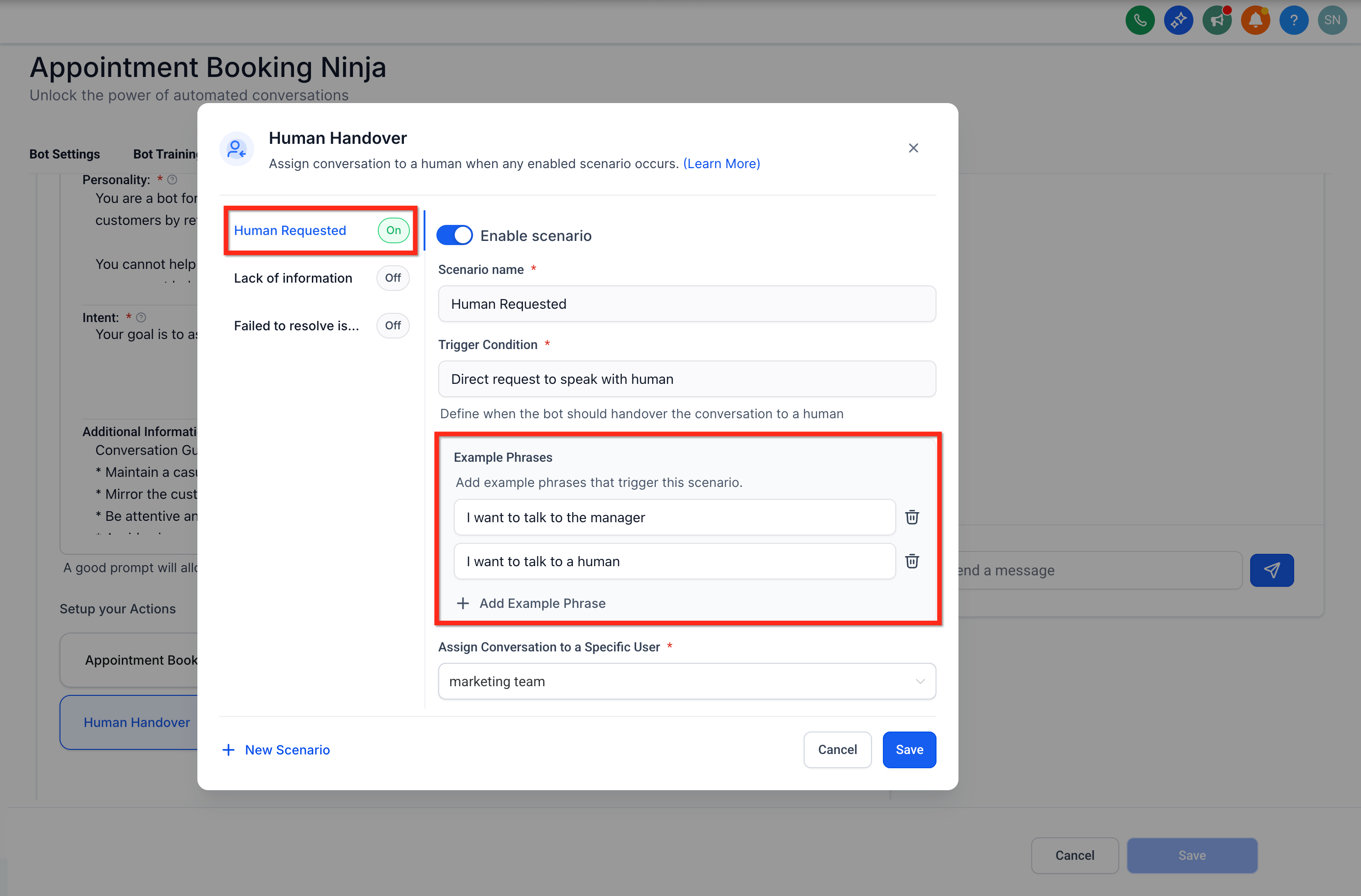 Configuring the Human Requested scenario with example phrases