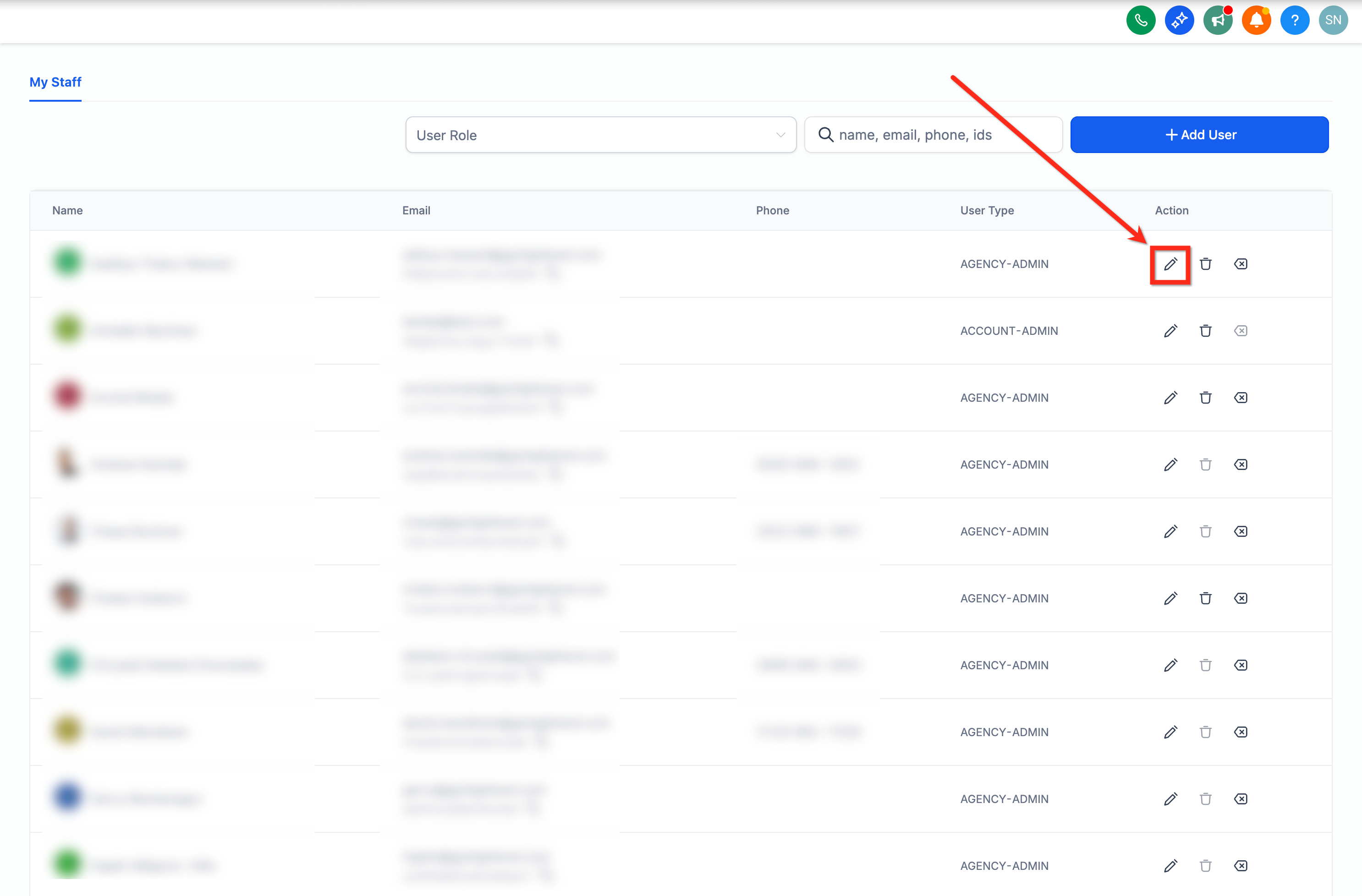 Editing a staff member's profile to update notification settings