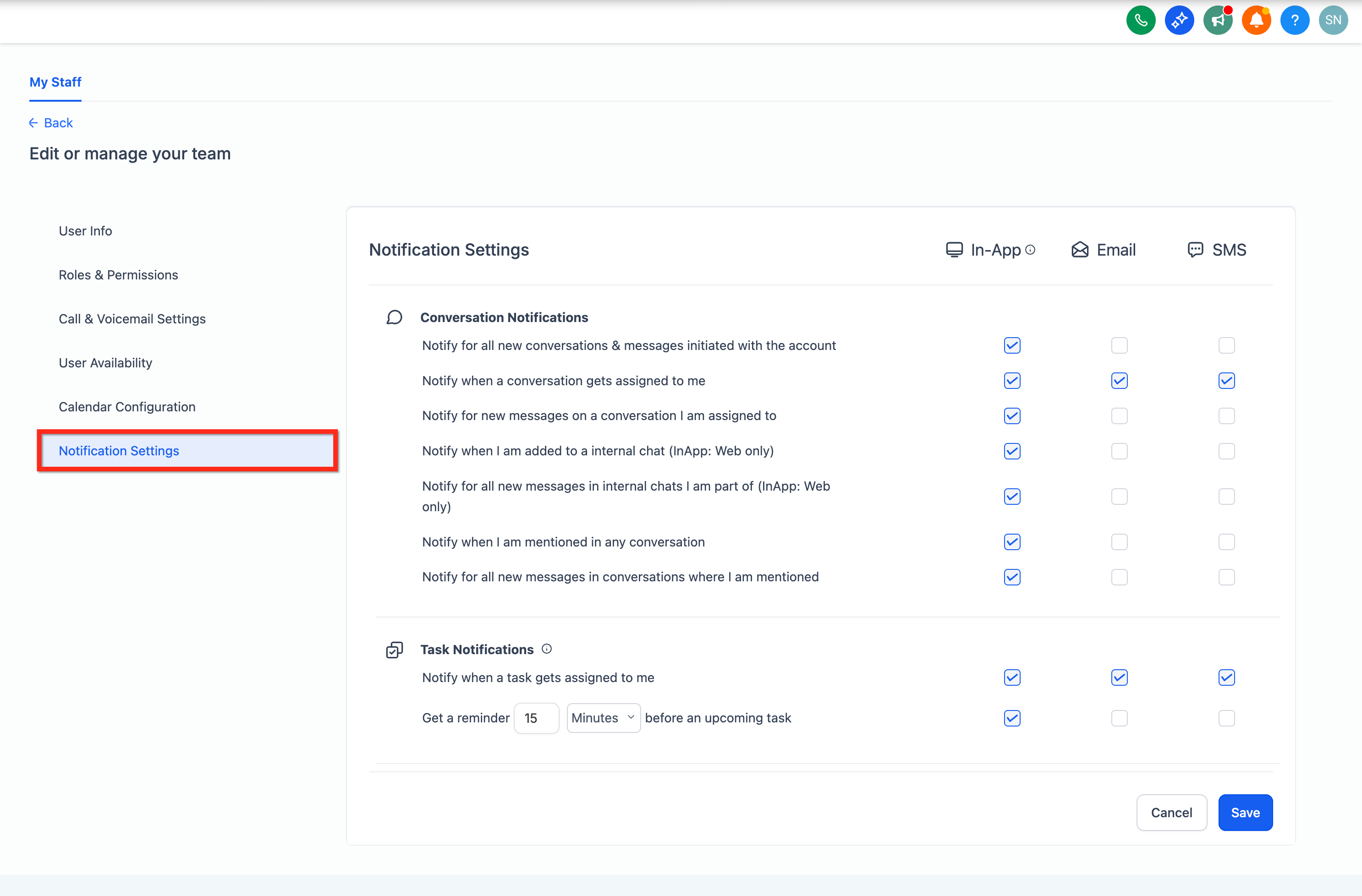 Notification Settings tab inside the staff profile