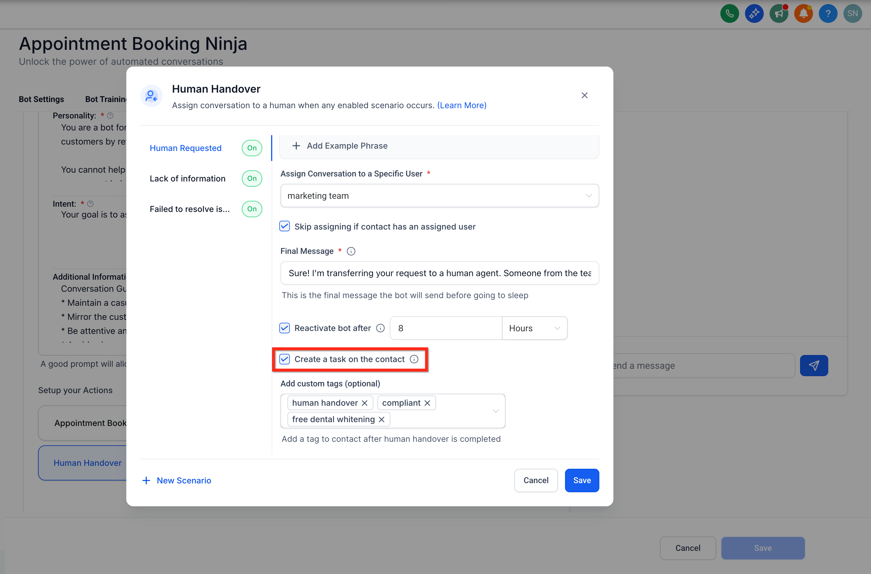 Auto-creating a task on the contact when handover is triggered