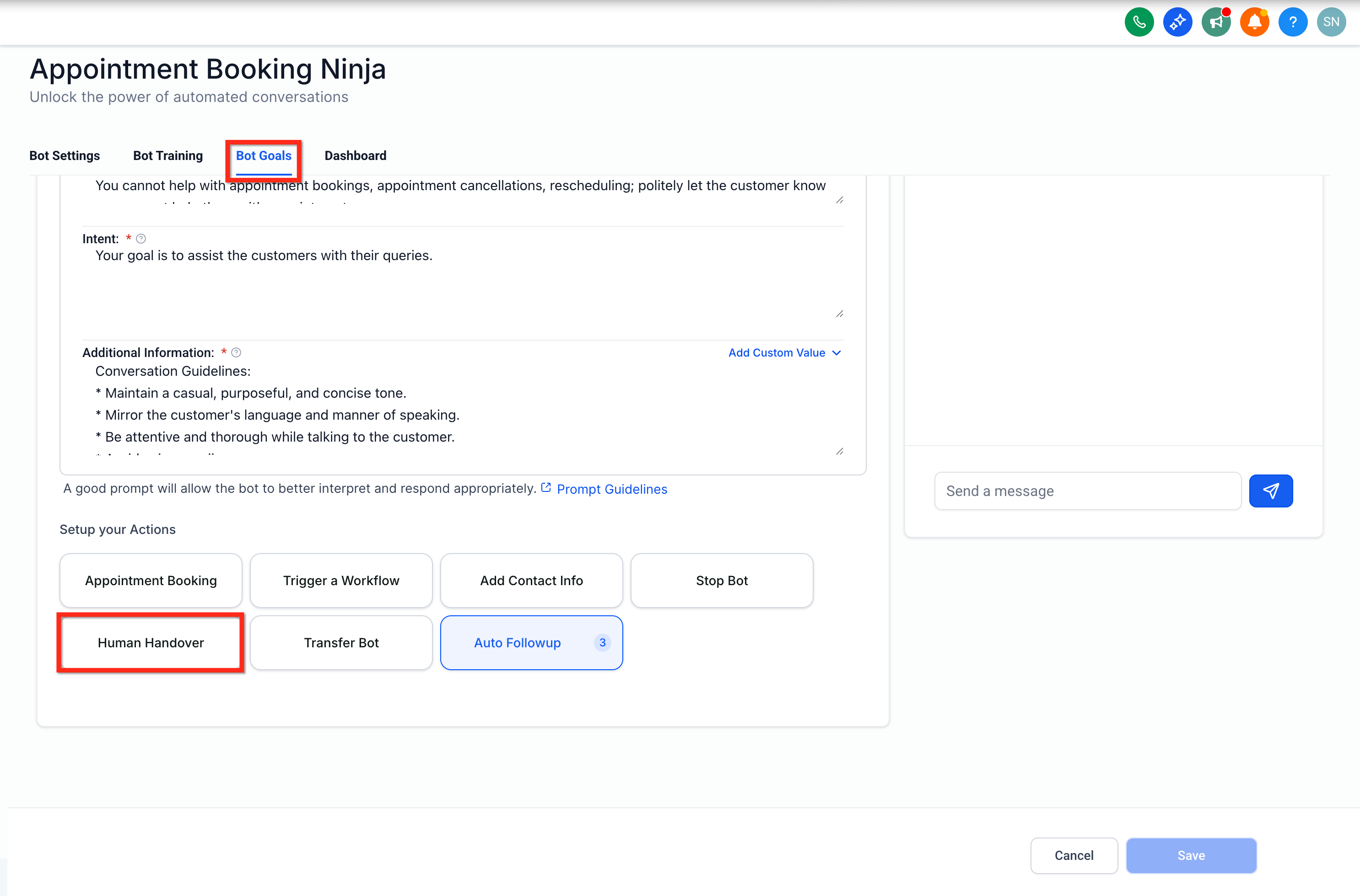 Human Handover button under Set Up Your Actions in Bot Goals