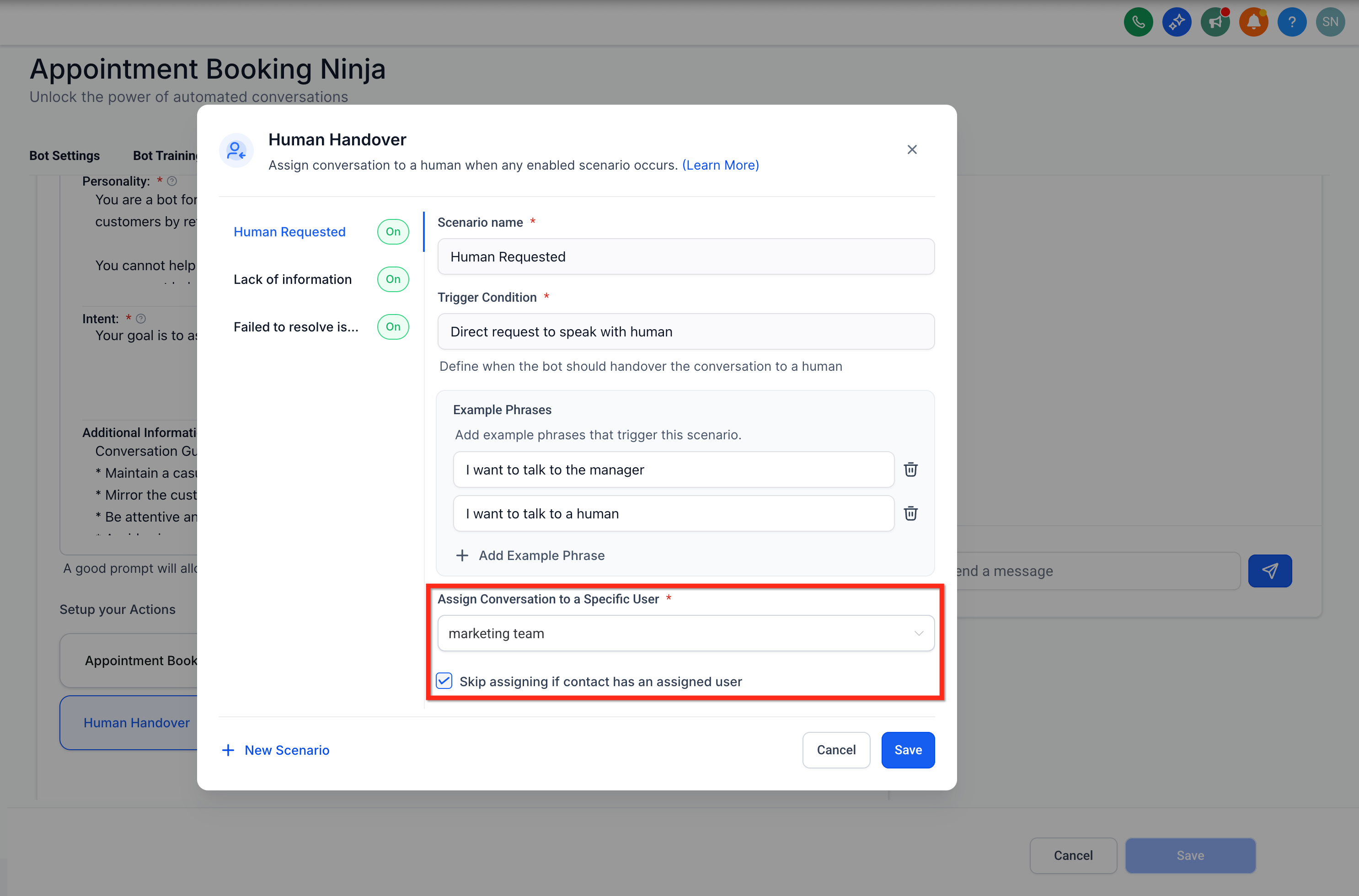 Assigning a handed-over conversation to a specific user