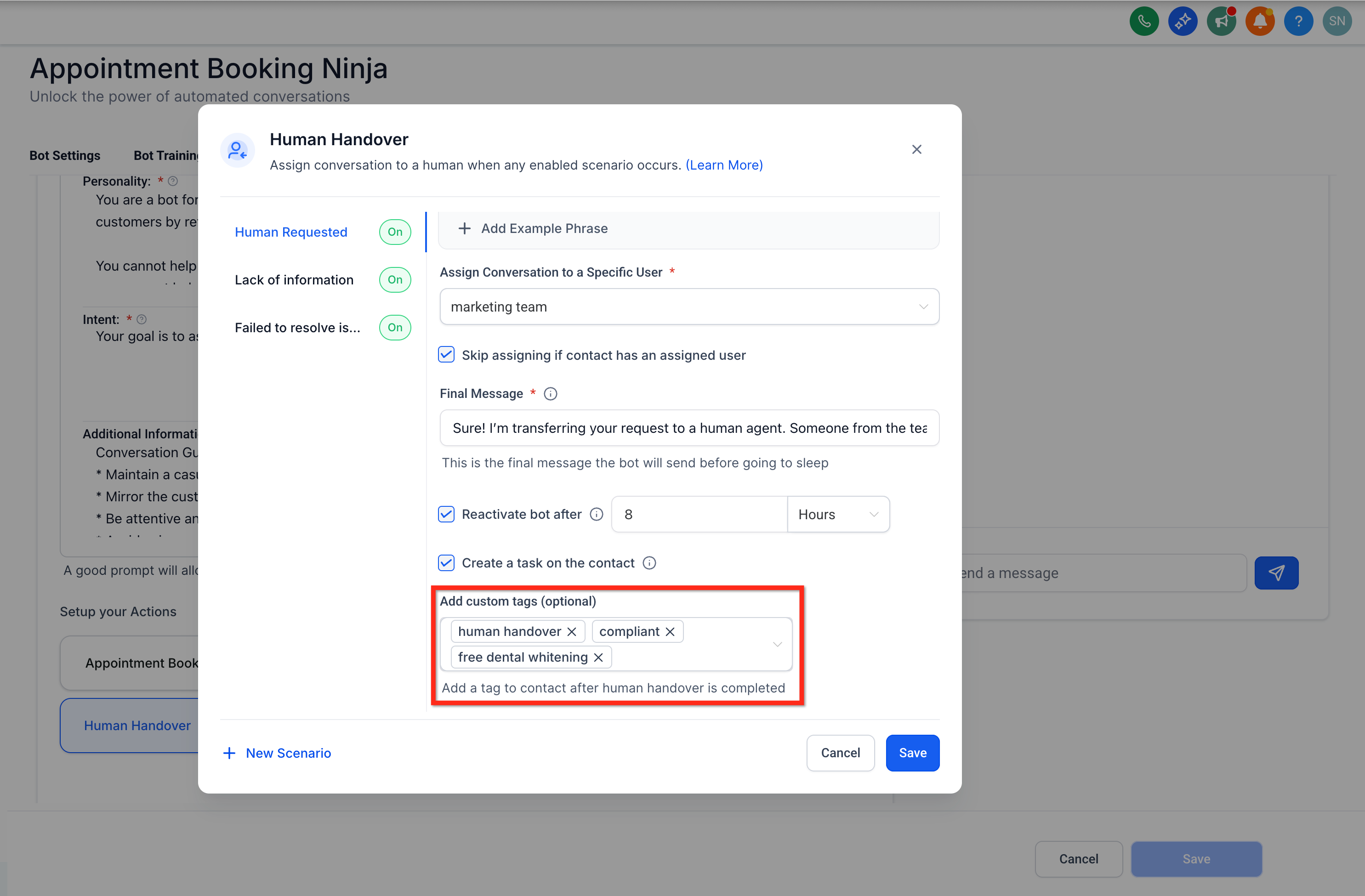Adding a human_handover tag to the contact record
