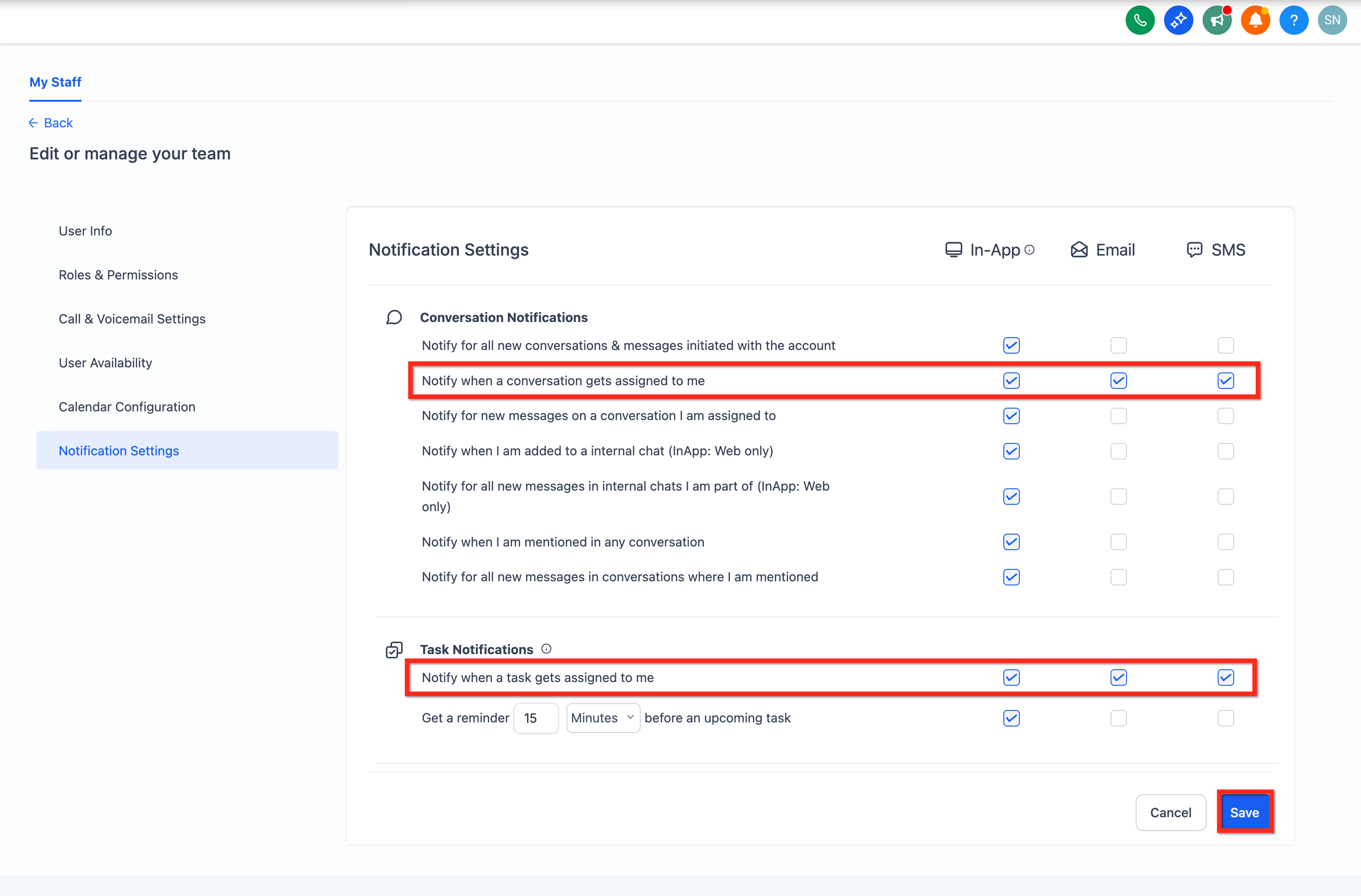 Enabling assignment notifications across all channels
