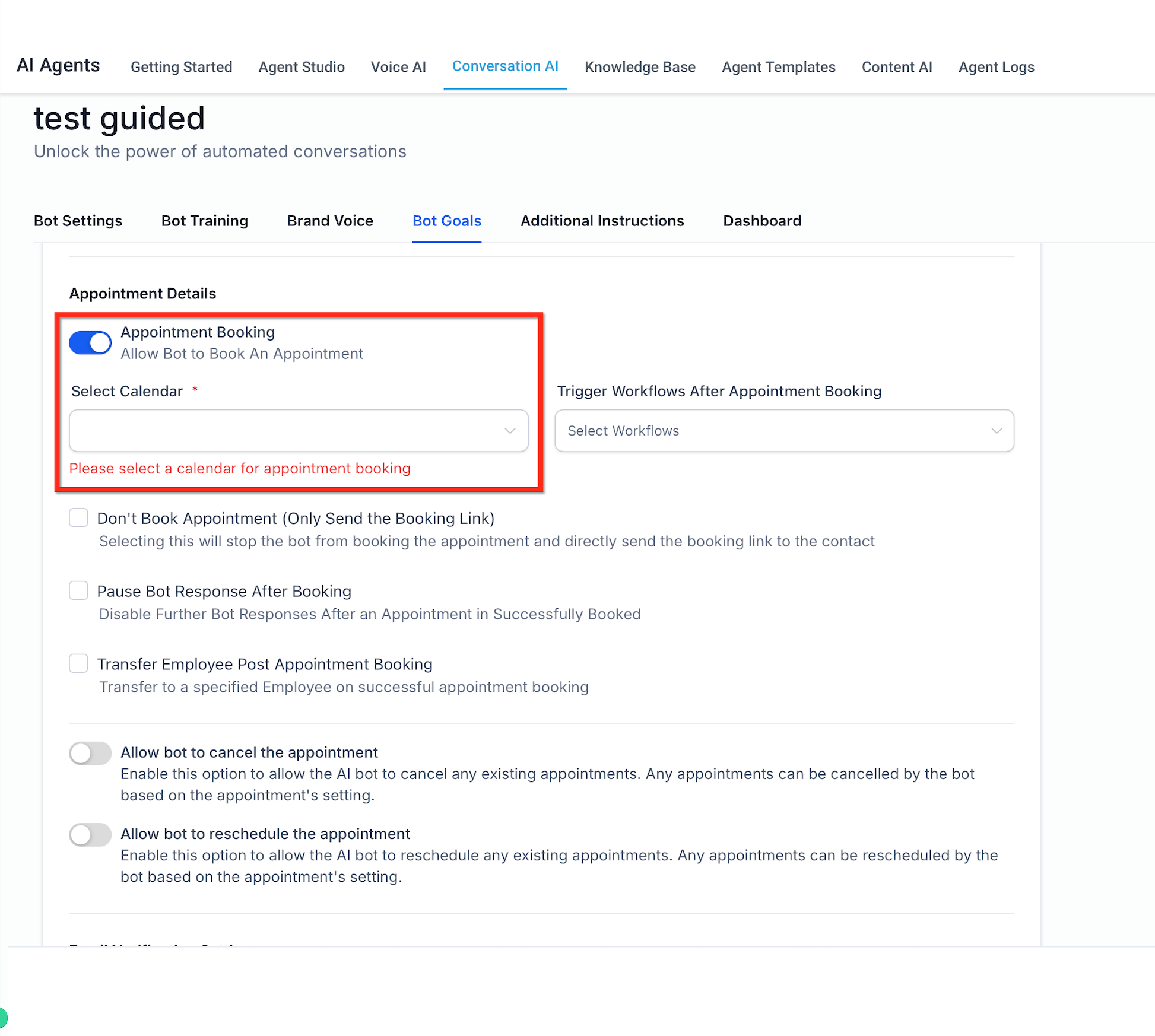Single calendar booking experience inside Conversation AI