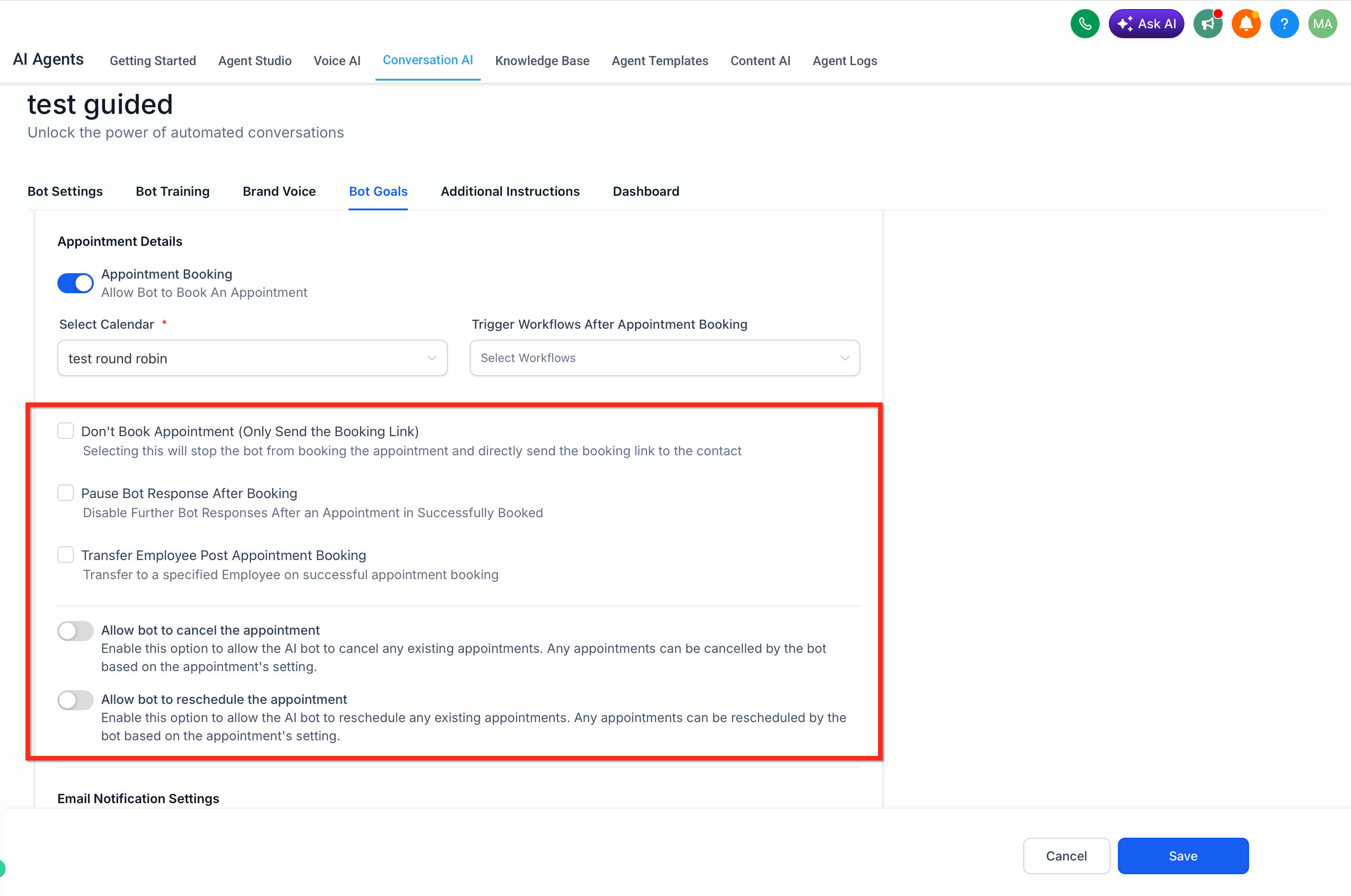 Configuring post-booking behavior, cancellations, and reschedules