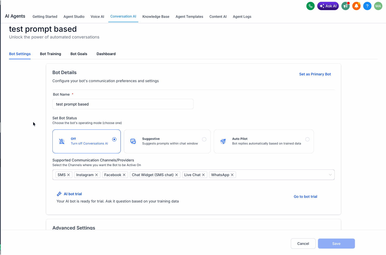 Configuring the bot name, wait time, and initial message
