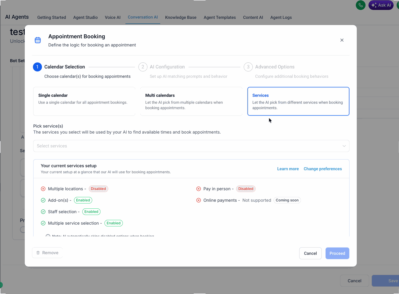 Selecting Services Calendar v2 inside Conversation AI booking setup