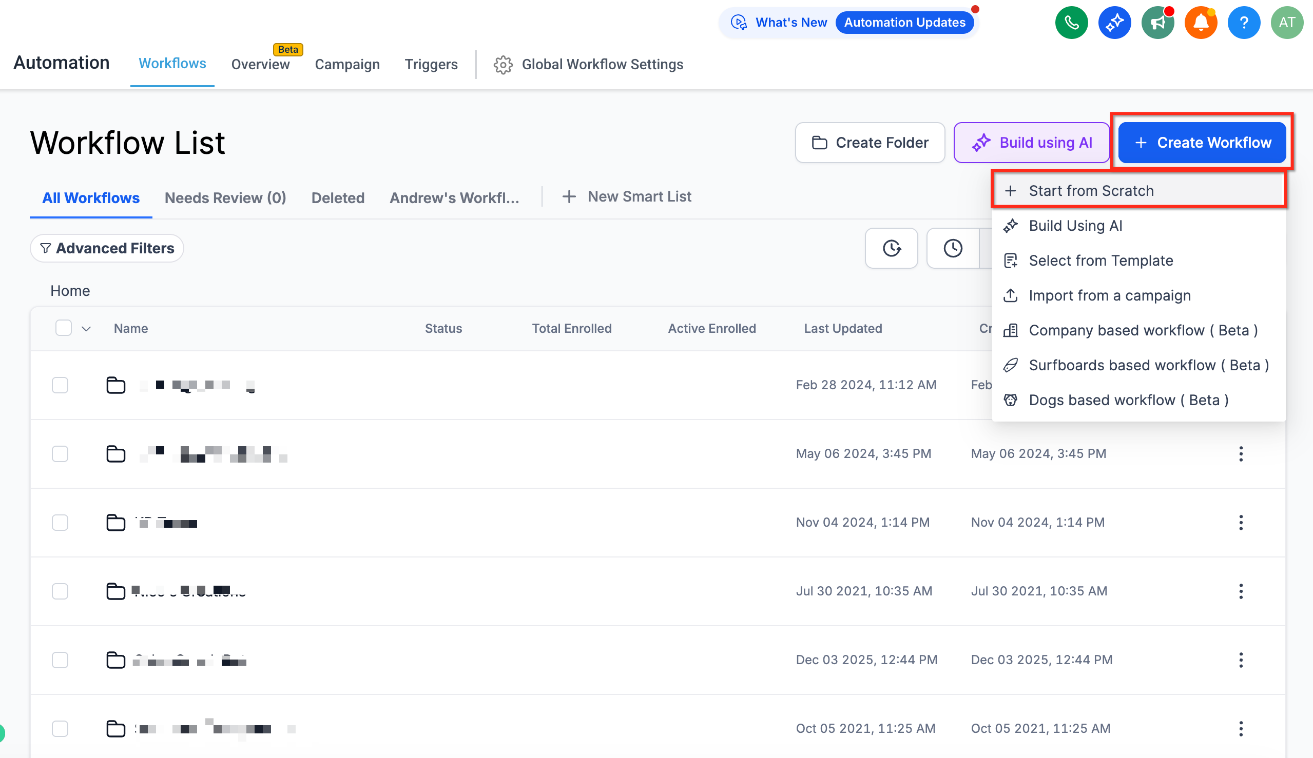 Create Workflow modal showing Start from Scratch and AI options