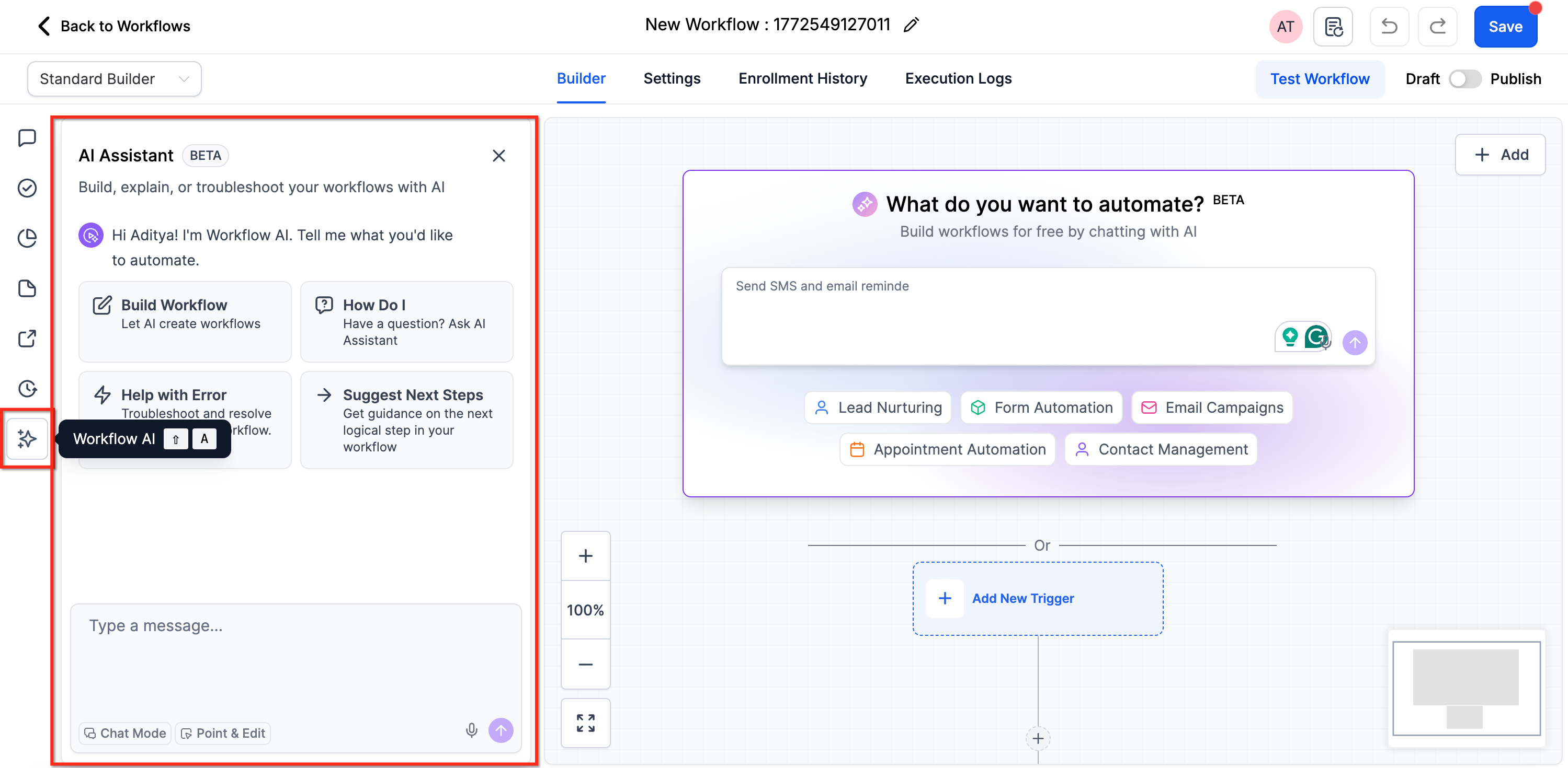 AI chatbot assistant inside the workflow builder