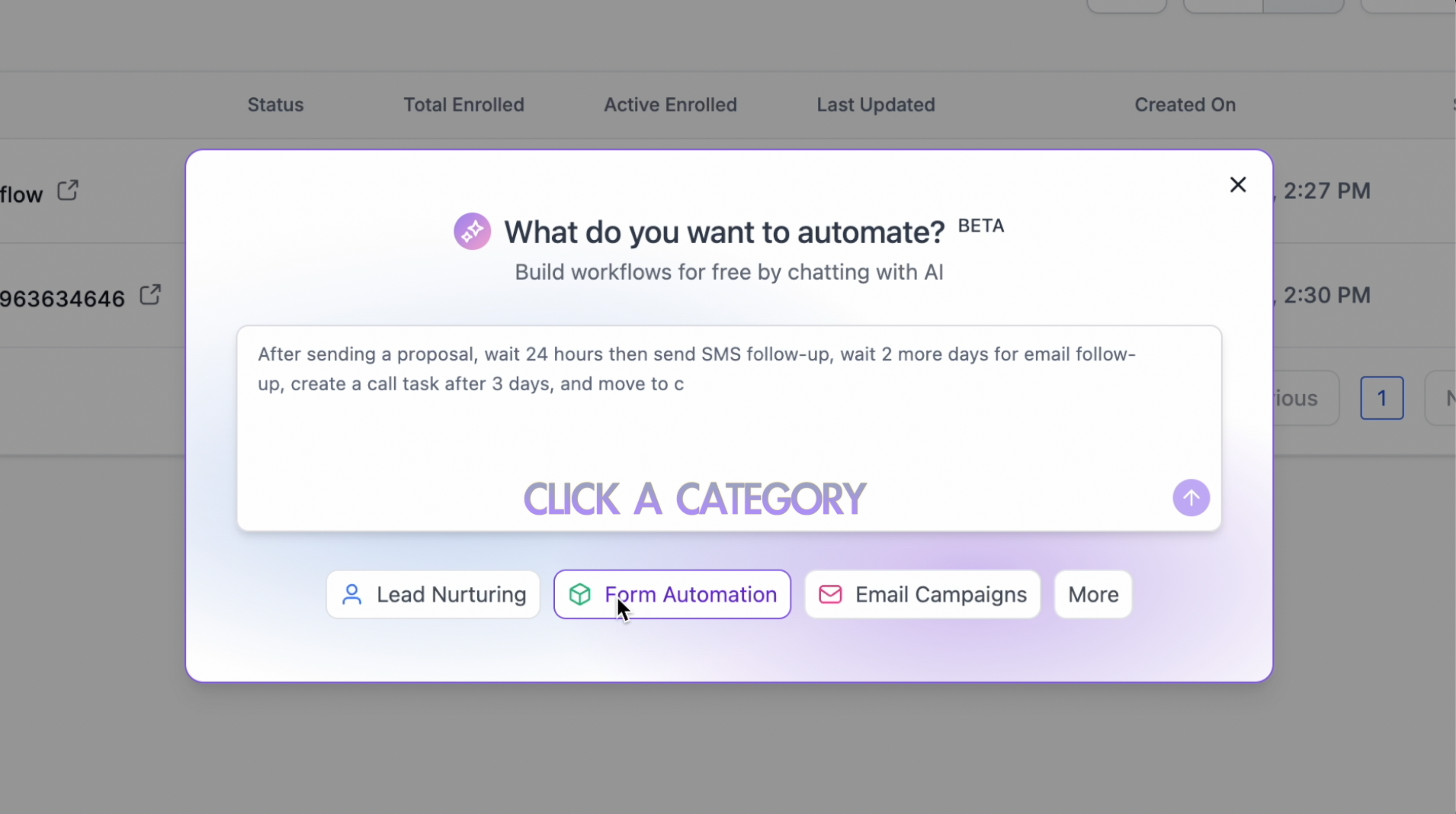 Sample prompt being entered in the Workflow AI Builder