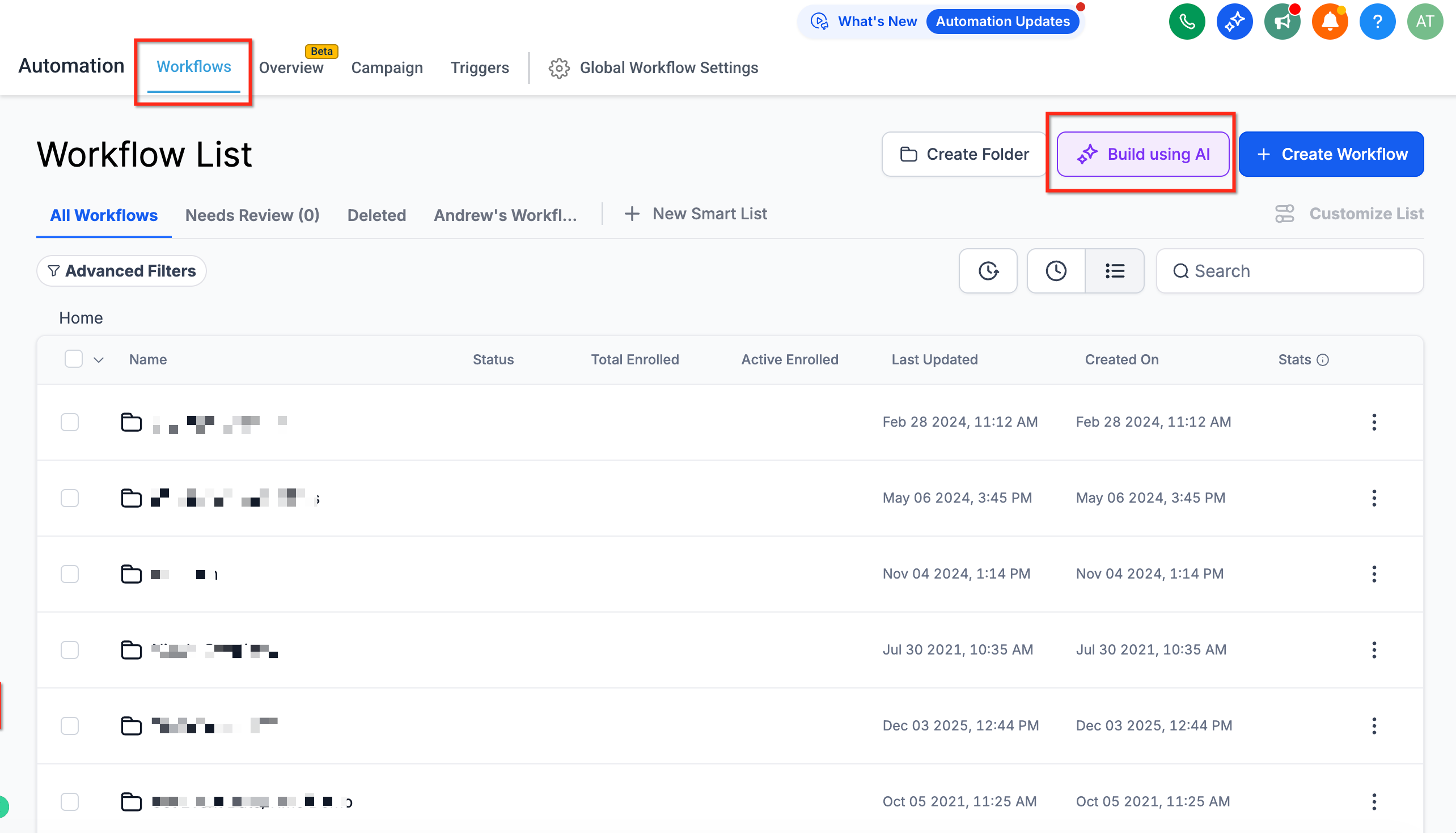 Build using AI button on the Workflow list page in Captivation Hub