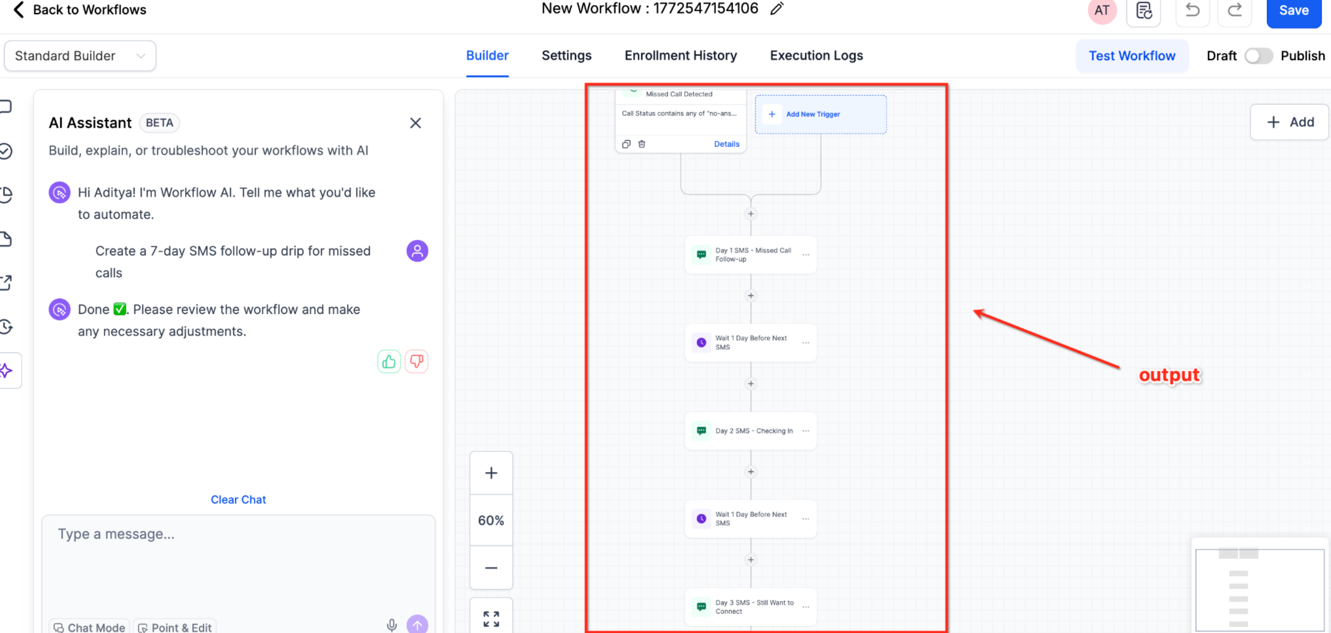 Reviewing trigger and action settings on a generated workflow