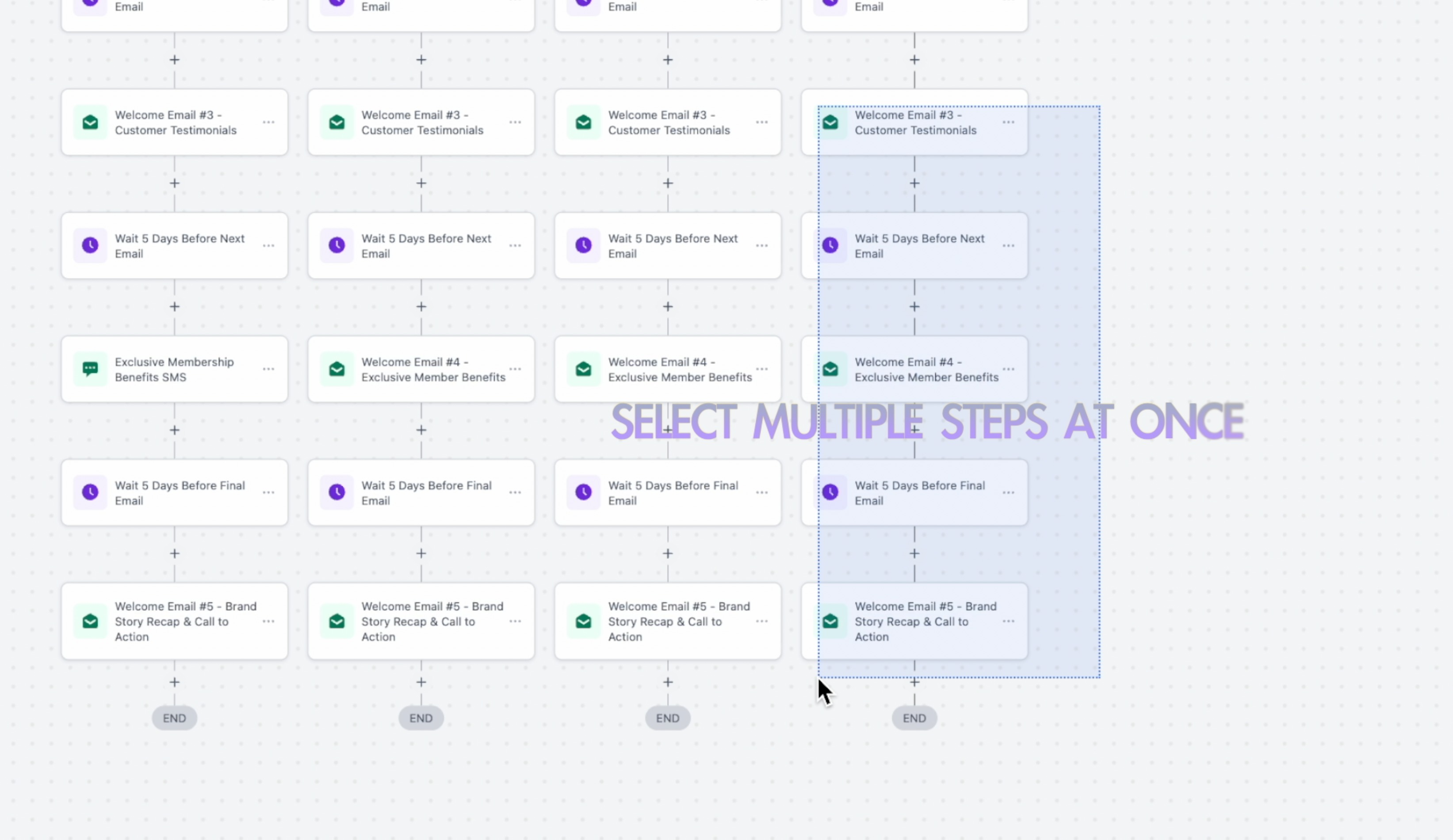 Drag-selecting a range of actions to apply a targeted edit