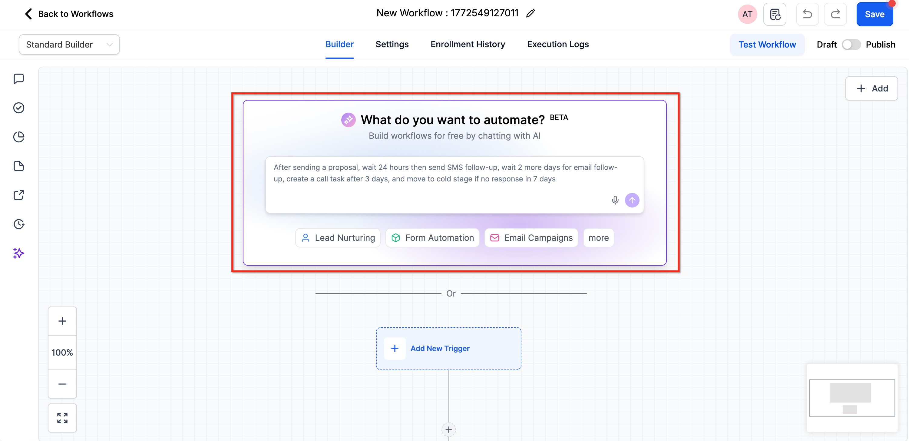 AI prompt box embedded inside the workflow builder
