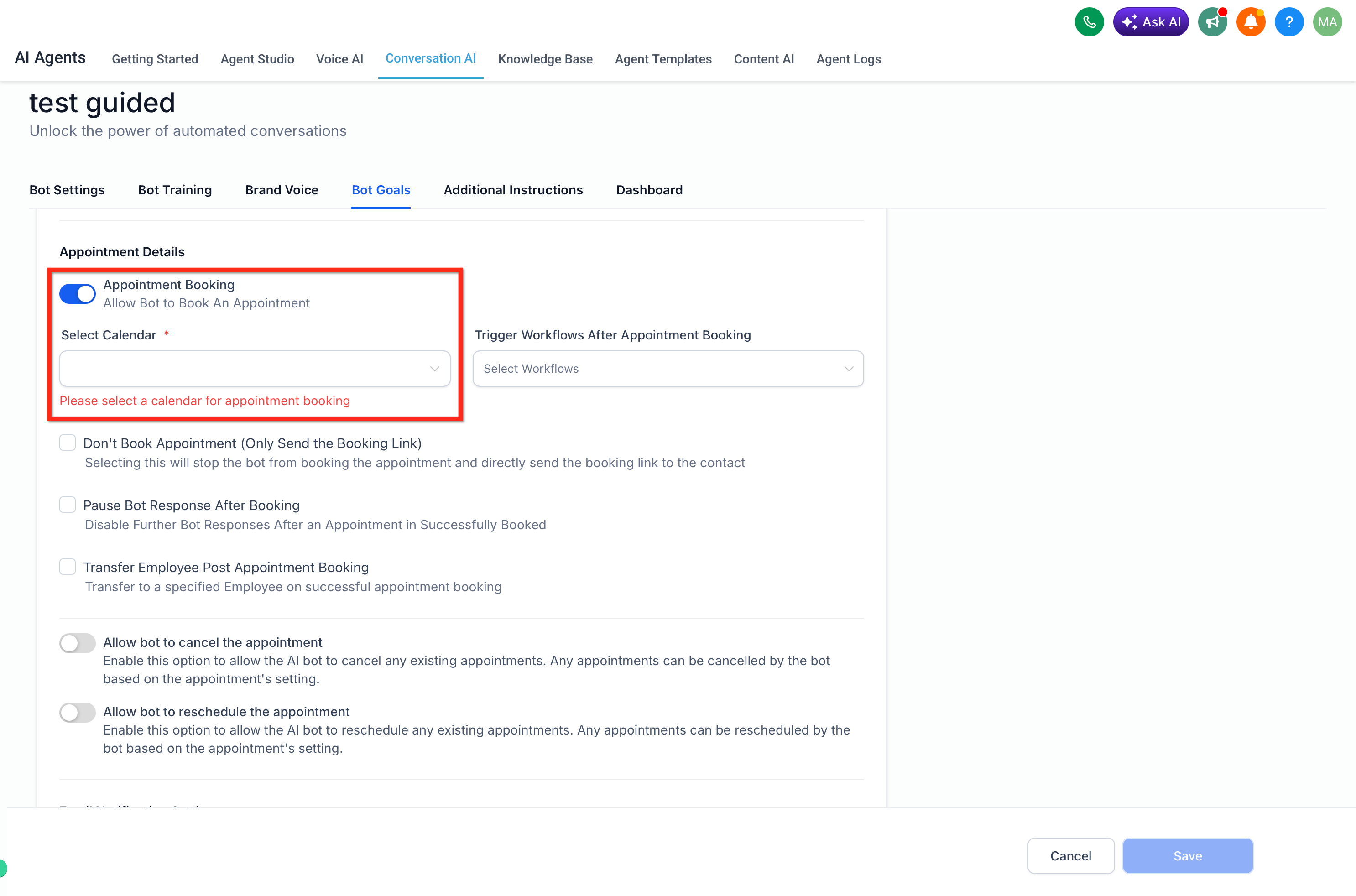 Enabling appointment booking and choosing the calendar