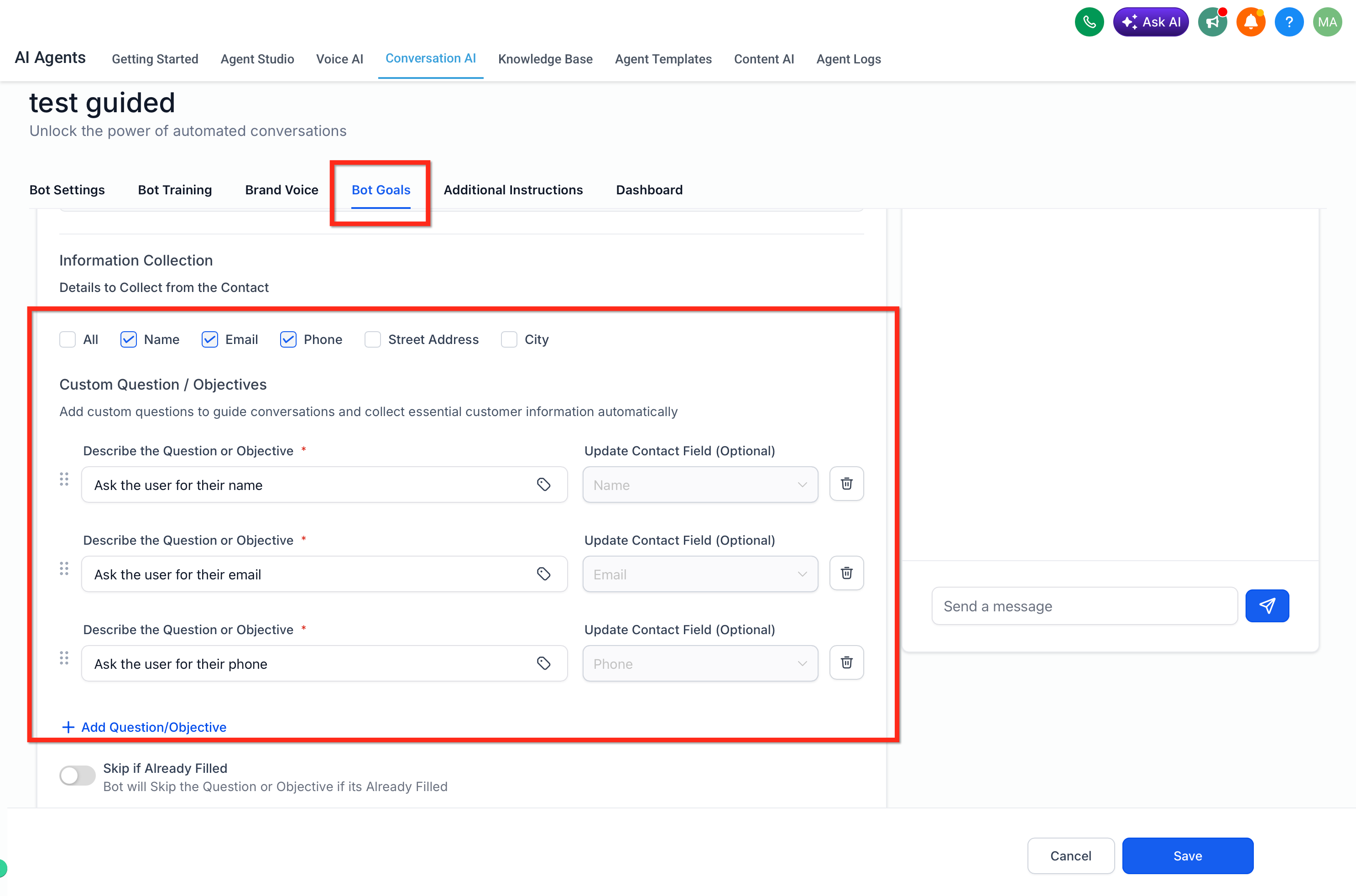 Selecting contact fields the bot should collect during booking