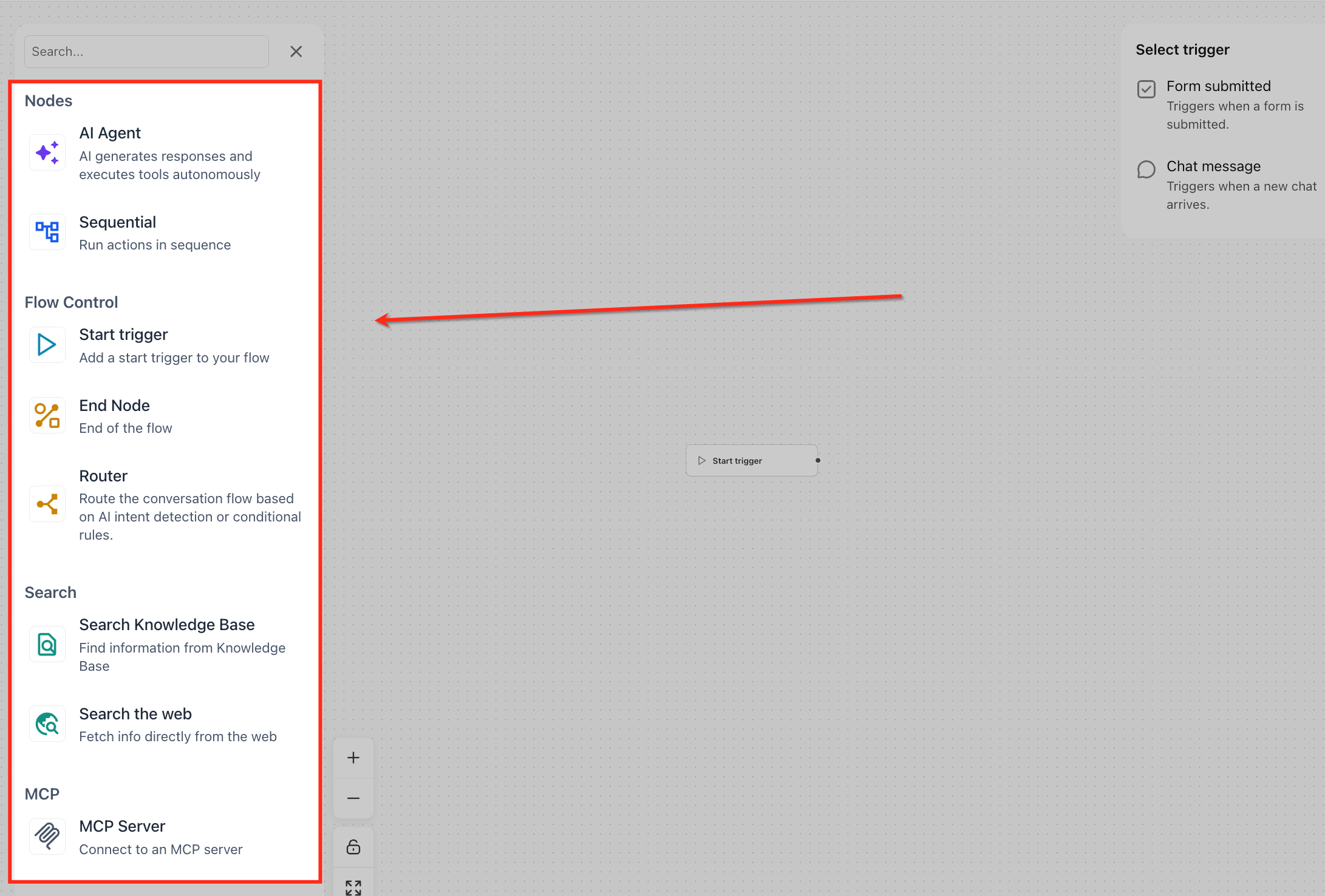 Node categories panel showing available building blocks in Agent Studio