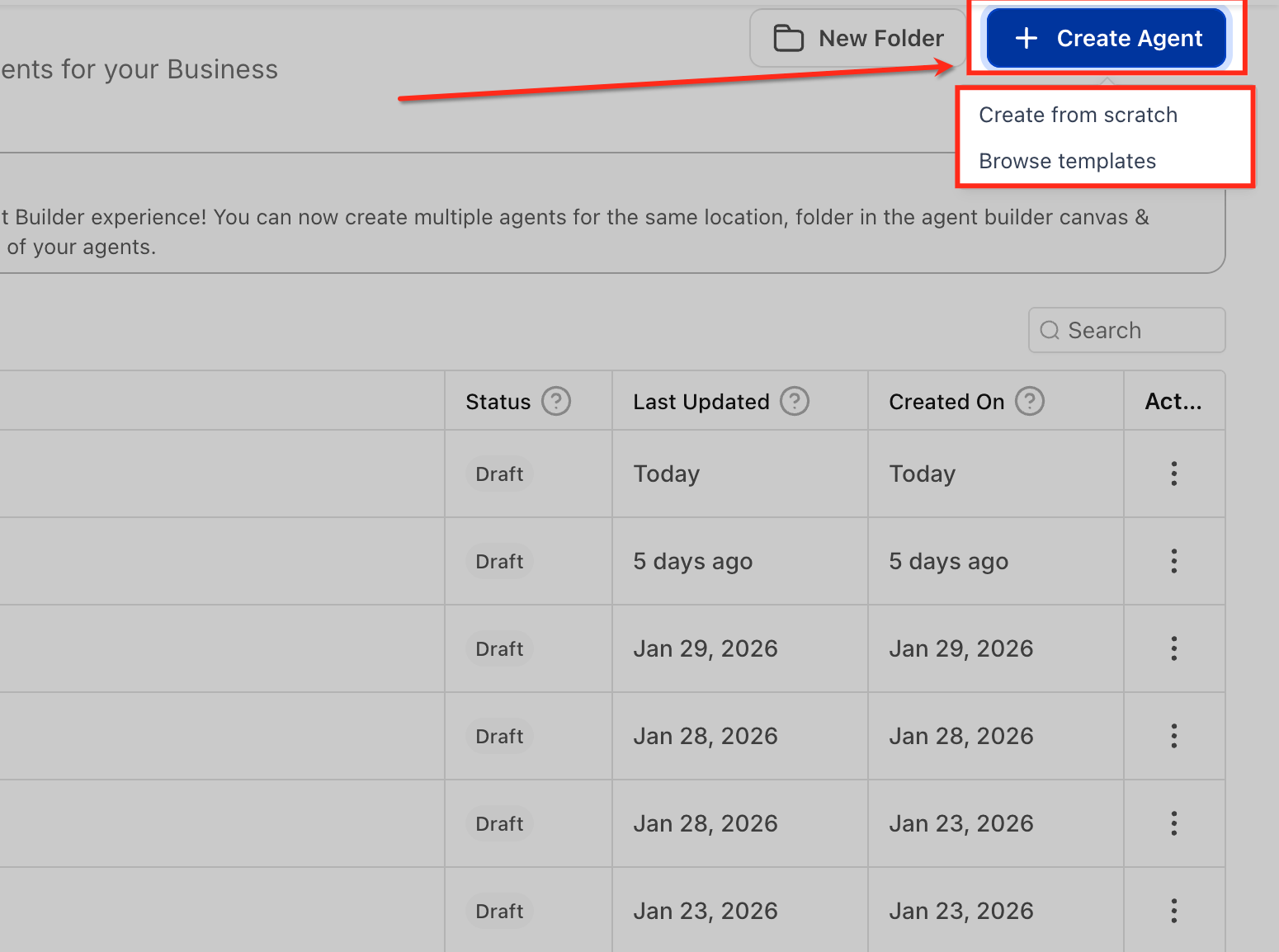 Create Agent dialog showing Start from Scratch and Use a Template options