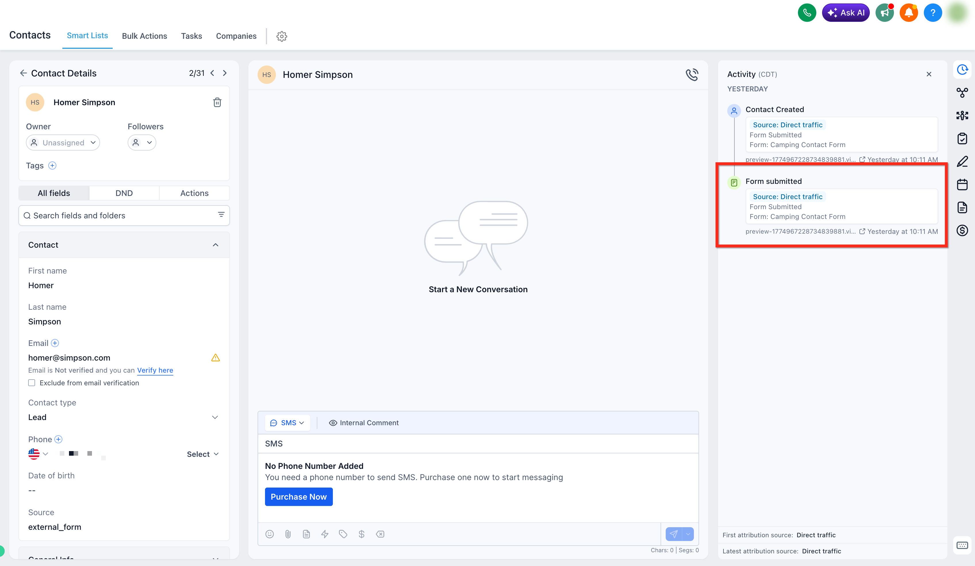 Viewing AI Studio form submissions in the Contacts area