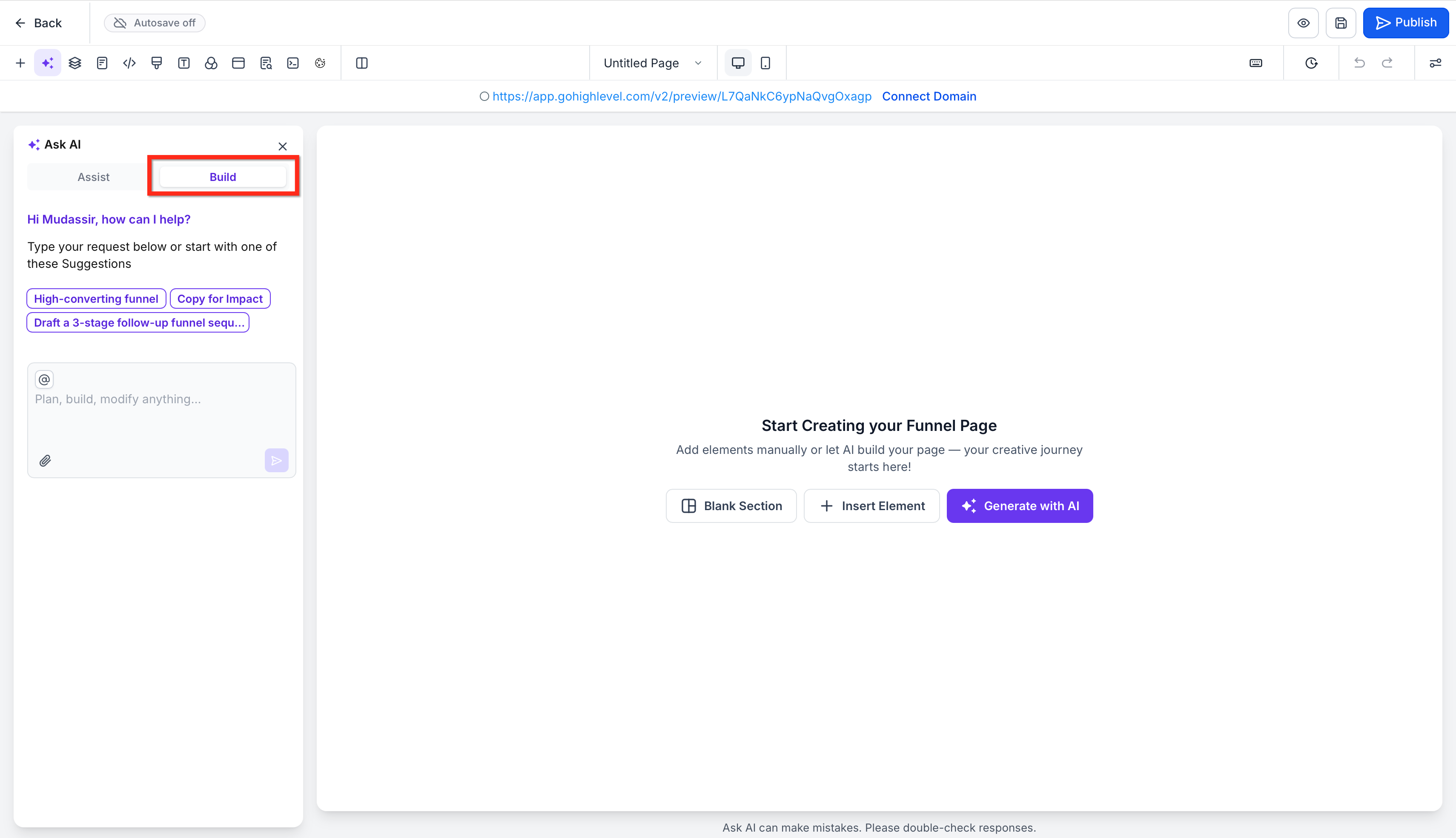 Entering a direct prompt in the Build creation path