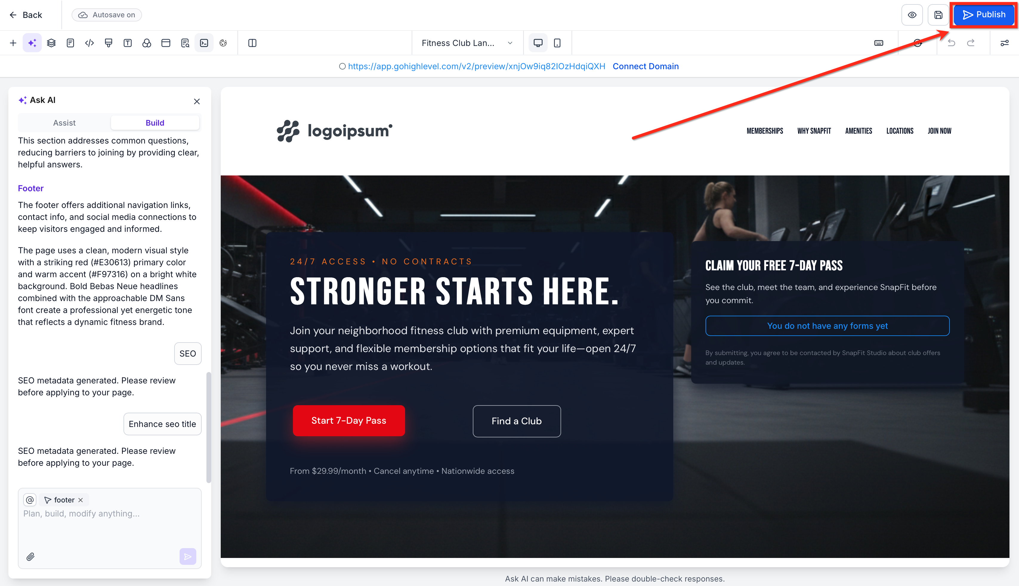 Reviewing SEO fields and publishing the finished page