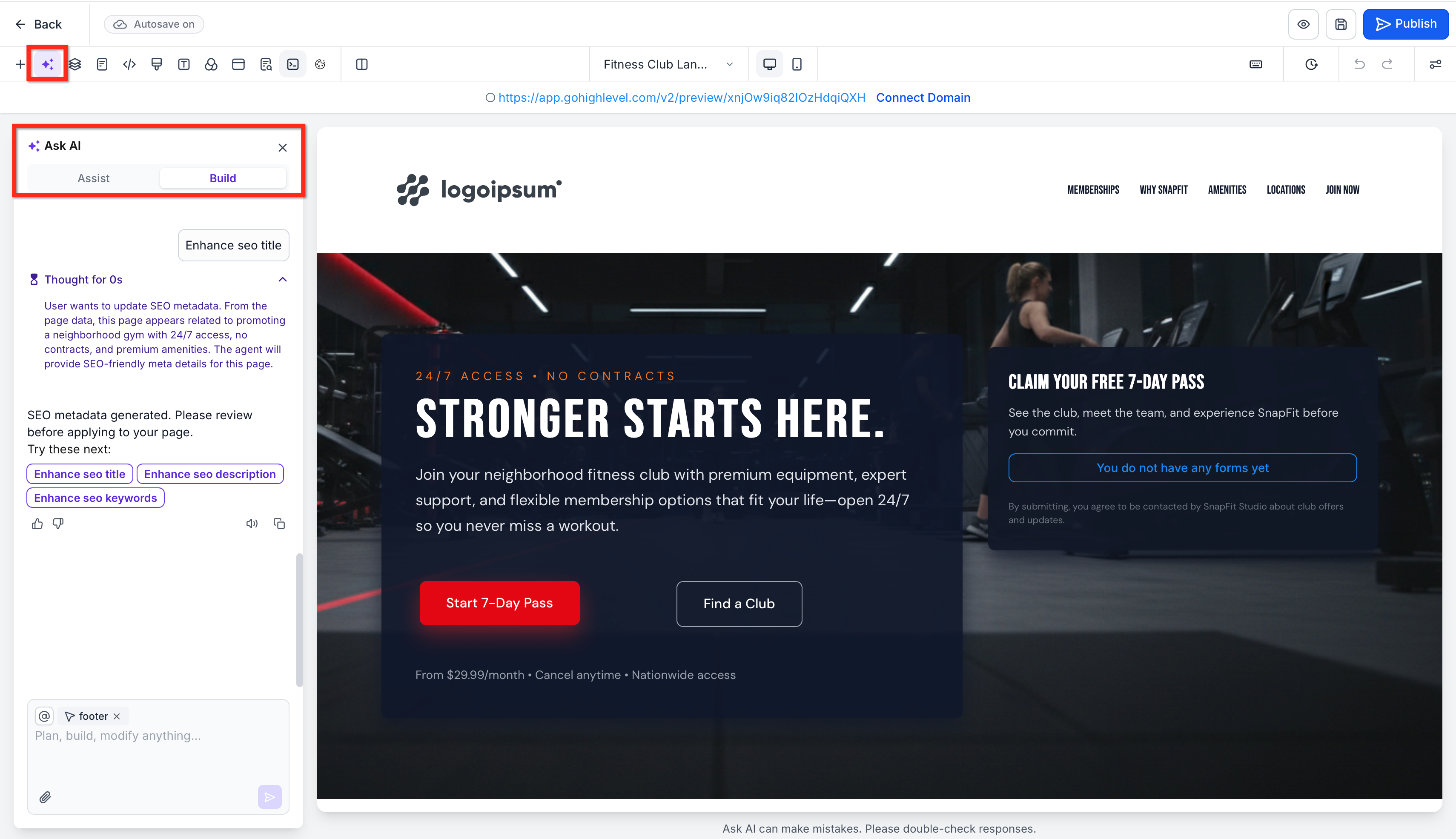 Refining a generated page using Ask AI chat and builder settings