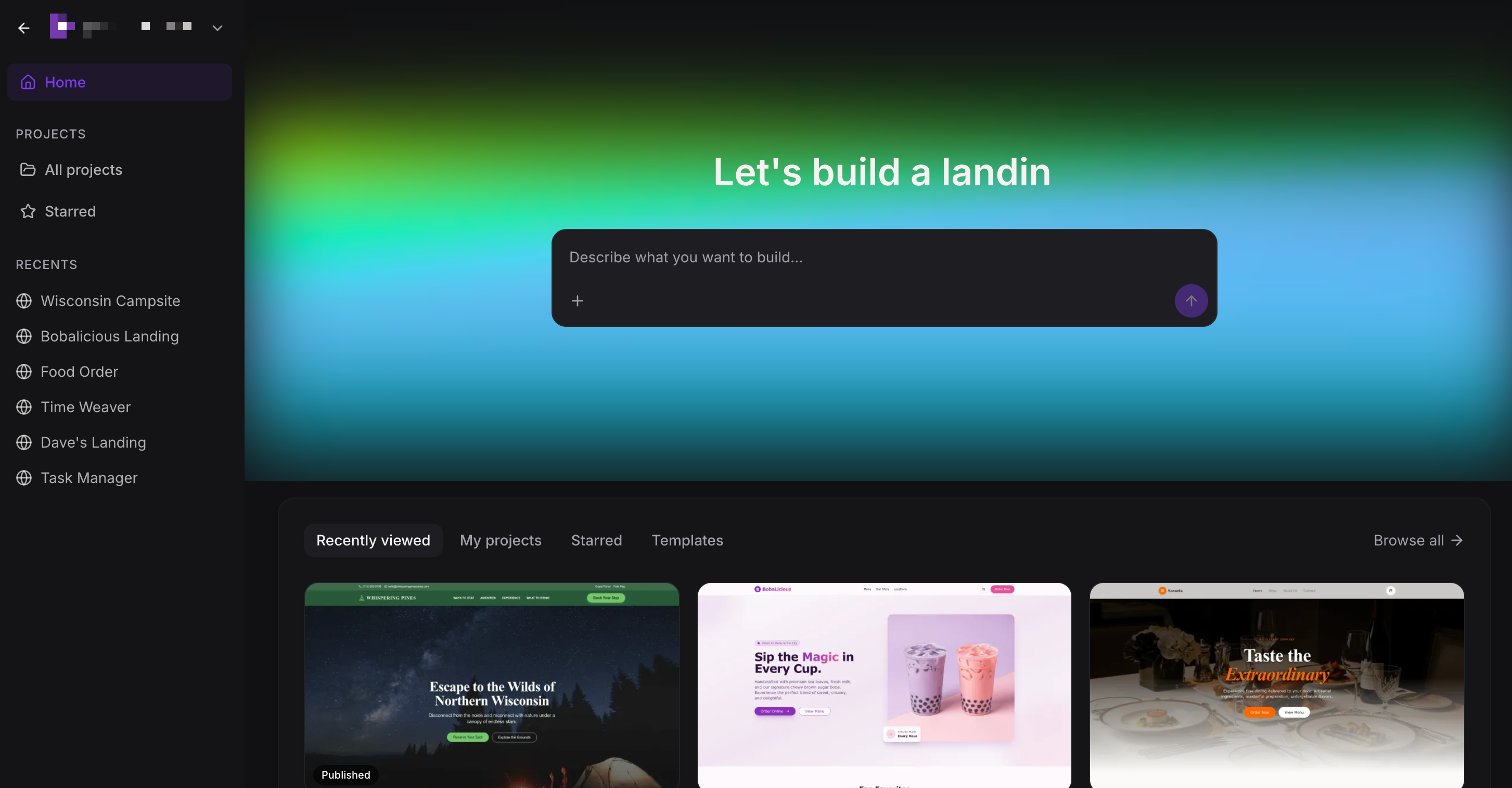 AI Studio home screen with project tabs and description box