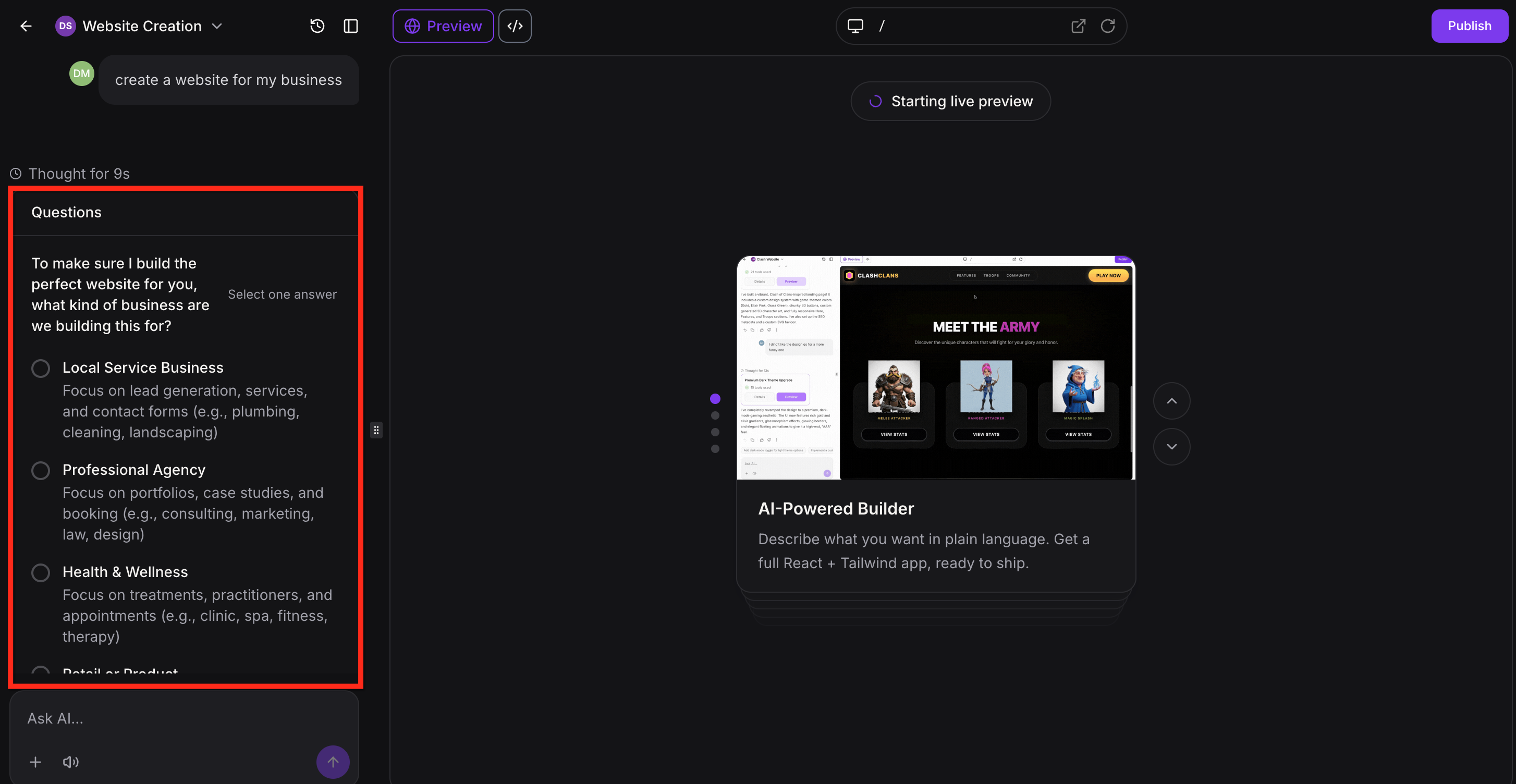AI Studio asking follow-up questions to refine a project request