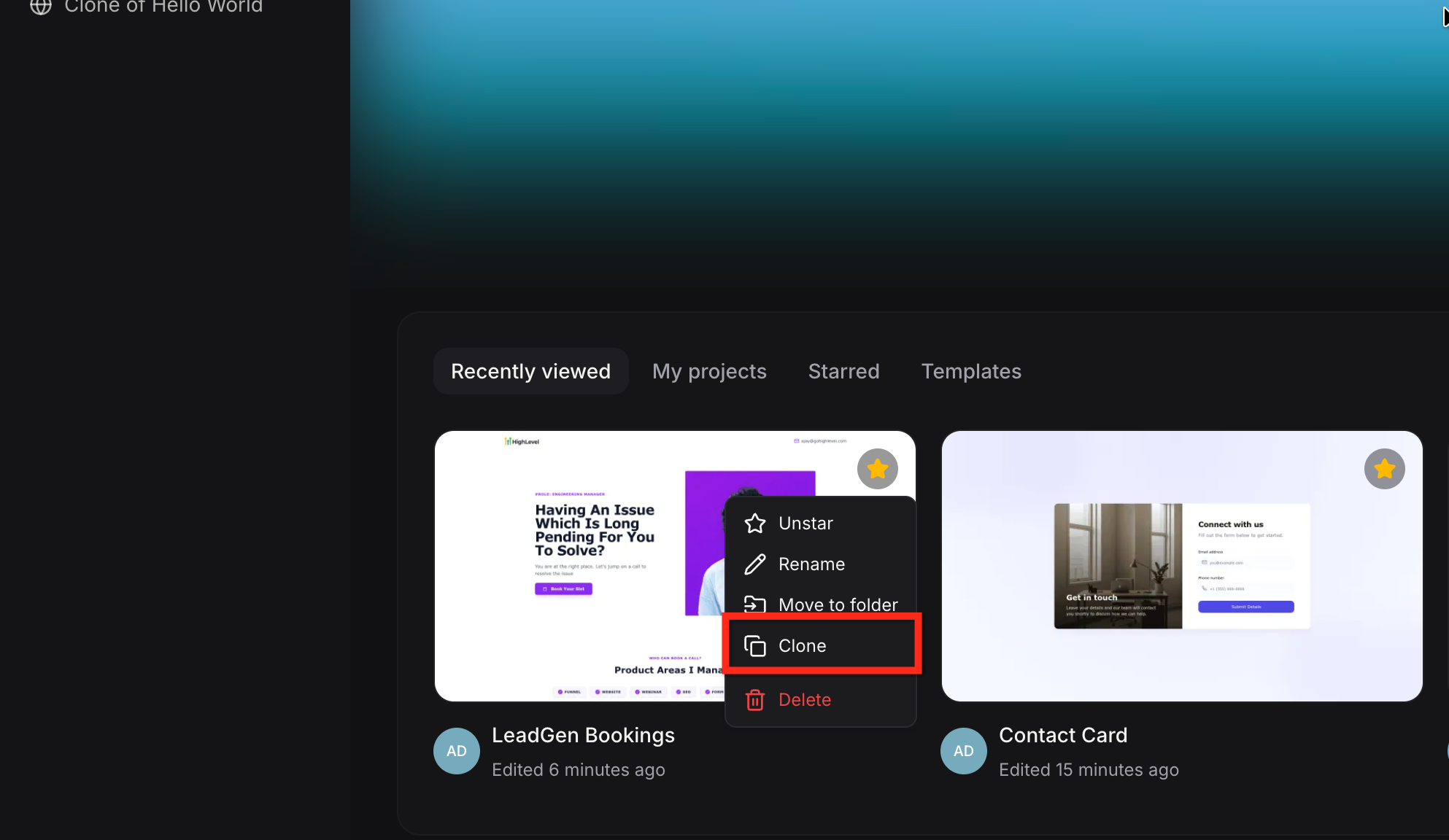 Three-dot menu on a project with the Clone option